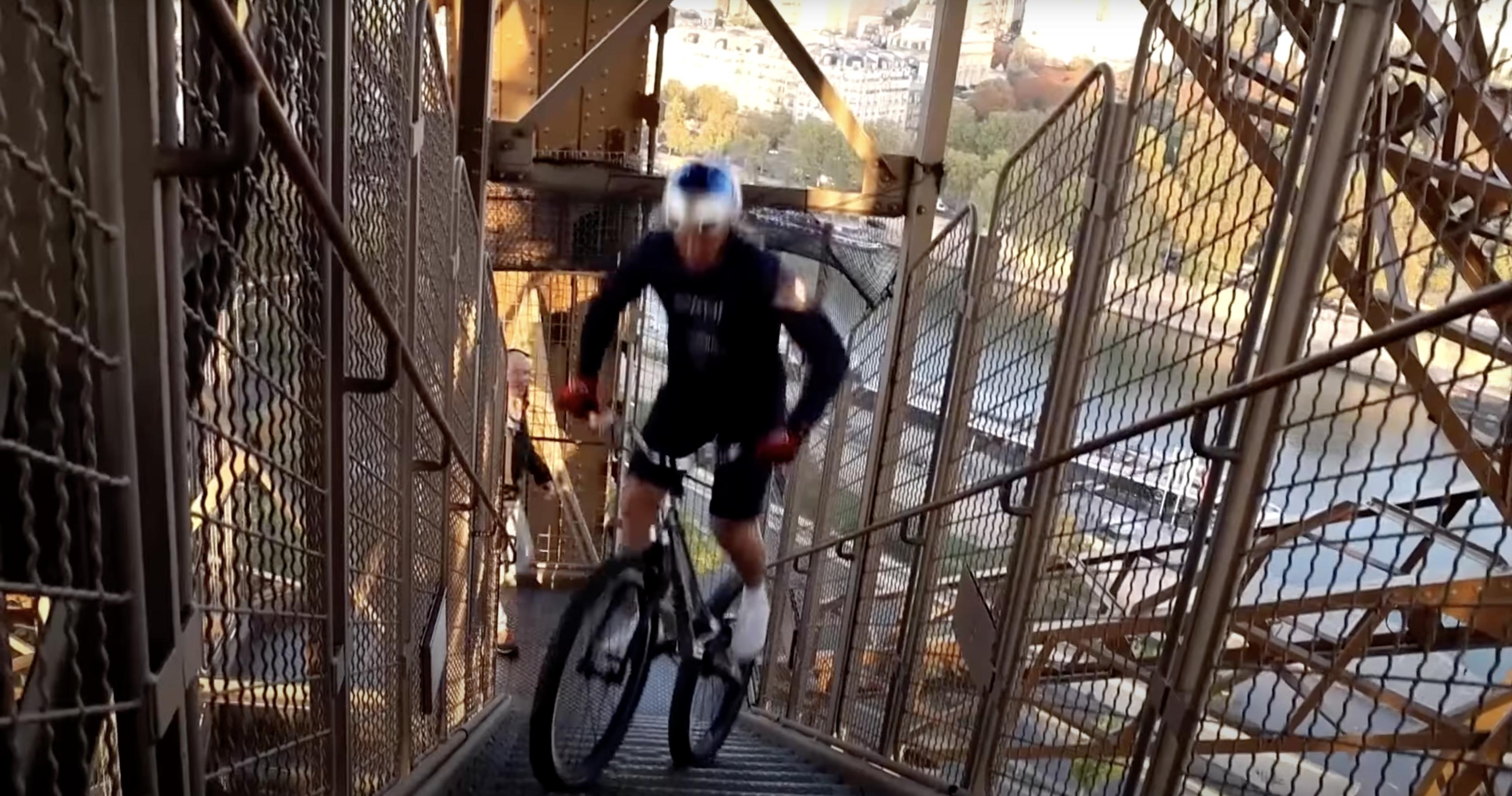 French cyclist and social media sensation Aurelien Fontenoy became the fastest athlete to climb to the second floor of France's Eiffel Tower on an all-terrain bike.