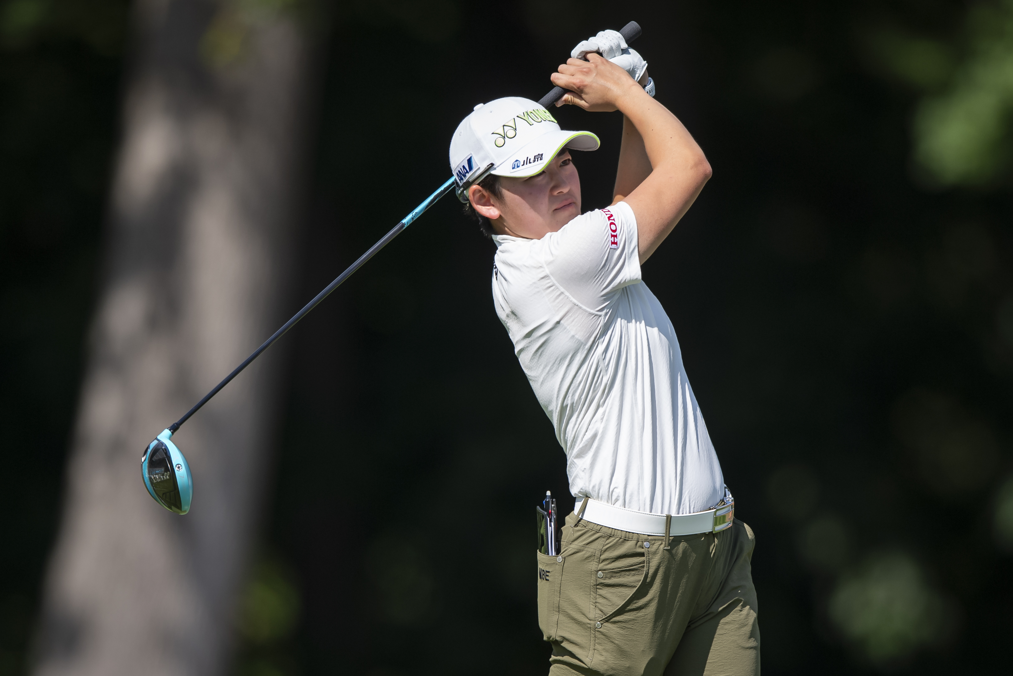 Akie Iwai, of Japan, tees off on the ninth hole during the first round of the Kroger Queen City Championship golf tournament, Thursday, Sept. 11, 2025, at TPC River's Bend in Cincinnati. 