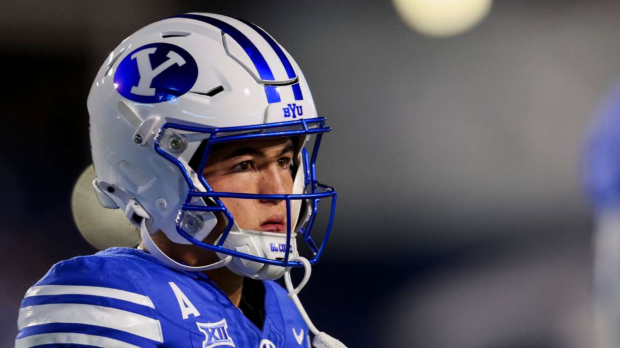 Brigham Young University Cougars quarterback Bear Bachmeier (47) looks on before the game against the West Virginia Mountaineers at LaVell Edwards Stadium in Provo on Friday, Oct. 3, 2025.