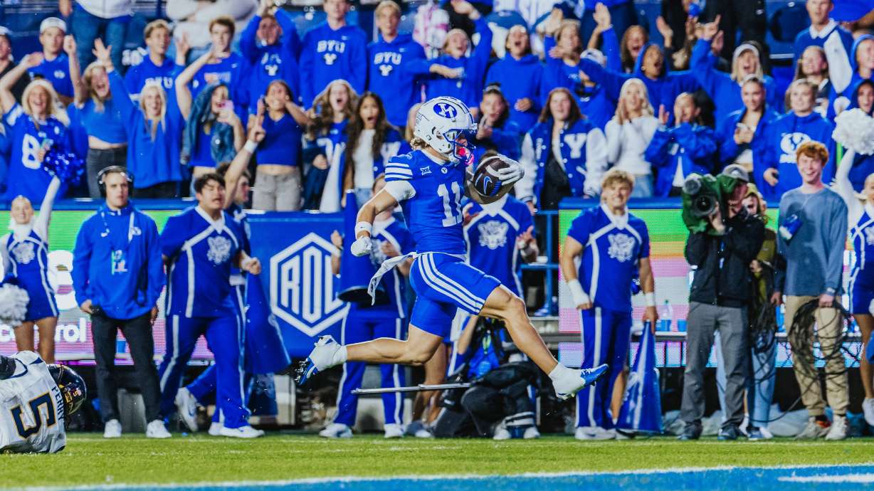 BYU wide receiver Parker Kingston scored two touchdowns during the first half of the Cougars' Big 12 football game against West Virginia, Friday, Oct. 3, 2025 at LaVell Edwards Stadium in Provo, Utah.