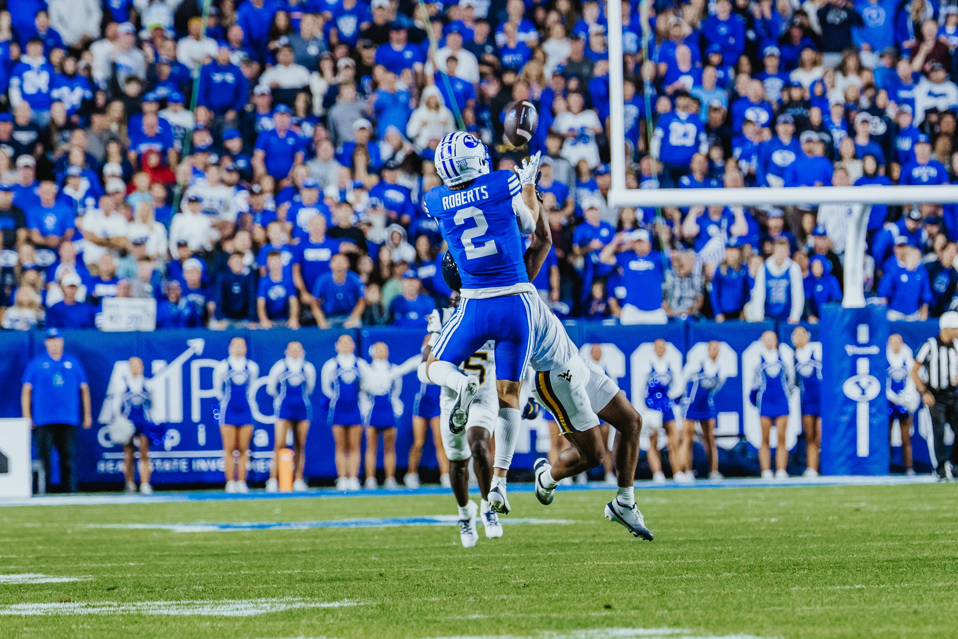 BYU's Chase Roberts hauls in a pass during the first half of the Cougars' Big 12 football game against West Virginia, Friday, Oct. 3, 2025 at LaVell Edwards Stadium in Provo, Utah.