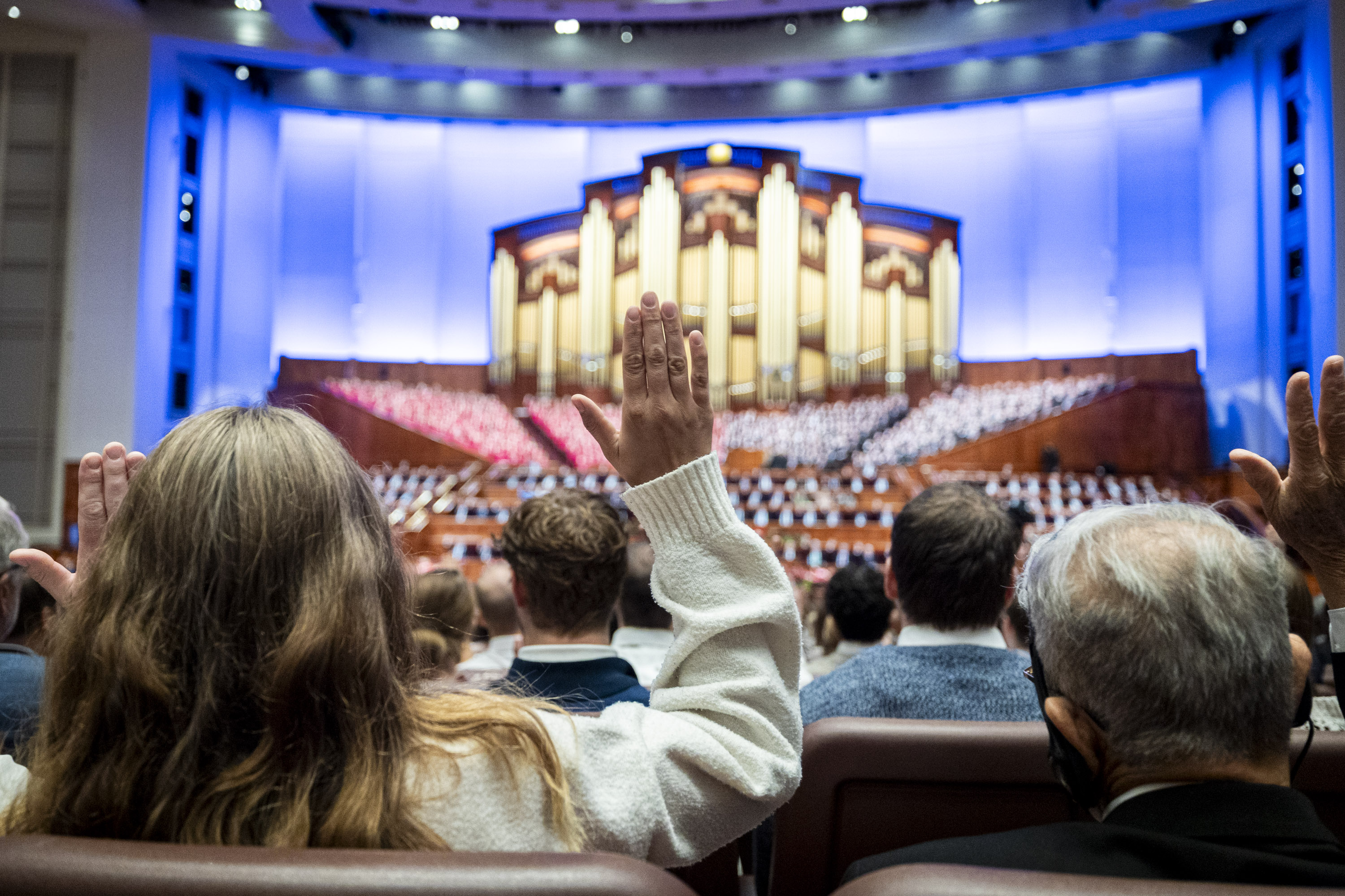 Conferencegoers raise their hands as part of a sustaining vote during the Saturday morning session of the 195th Semiannual General Conference of The Church of Jesus Christ of Latter-day Saints at the Conference Center in Salt Lake City on Oct. 4, 2025.