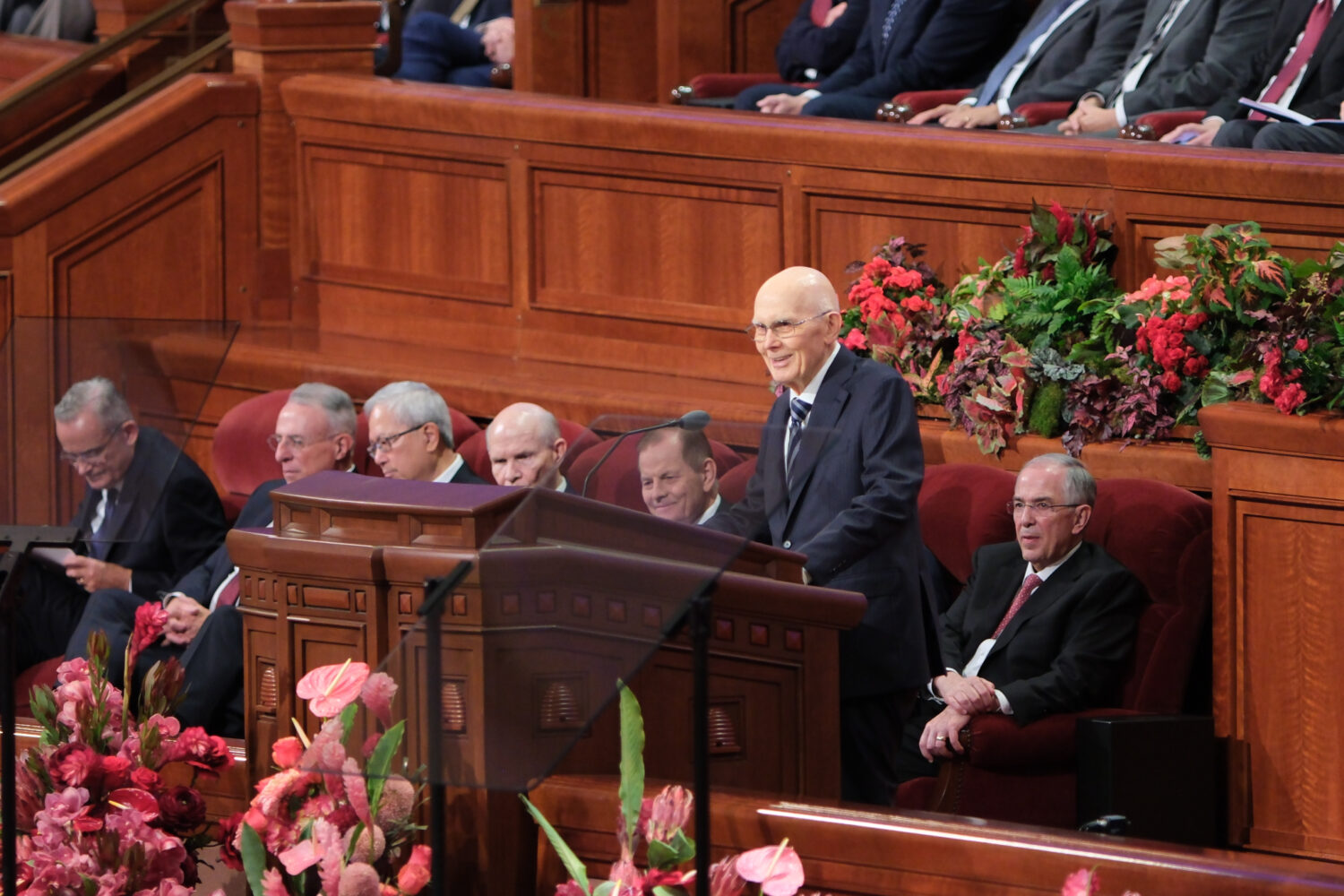 President Dallin H. Oaks addresses the opening session of general conference on Saturday. Oaks will also address the conference on Sunday in place of President Russell M. Nelson, who passed away on Sept. 27.