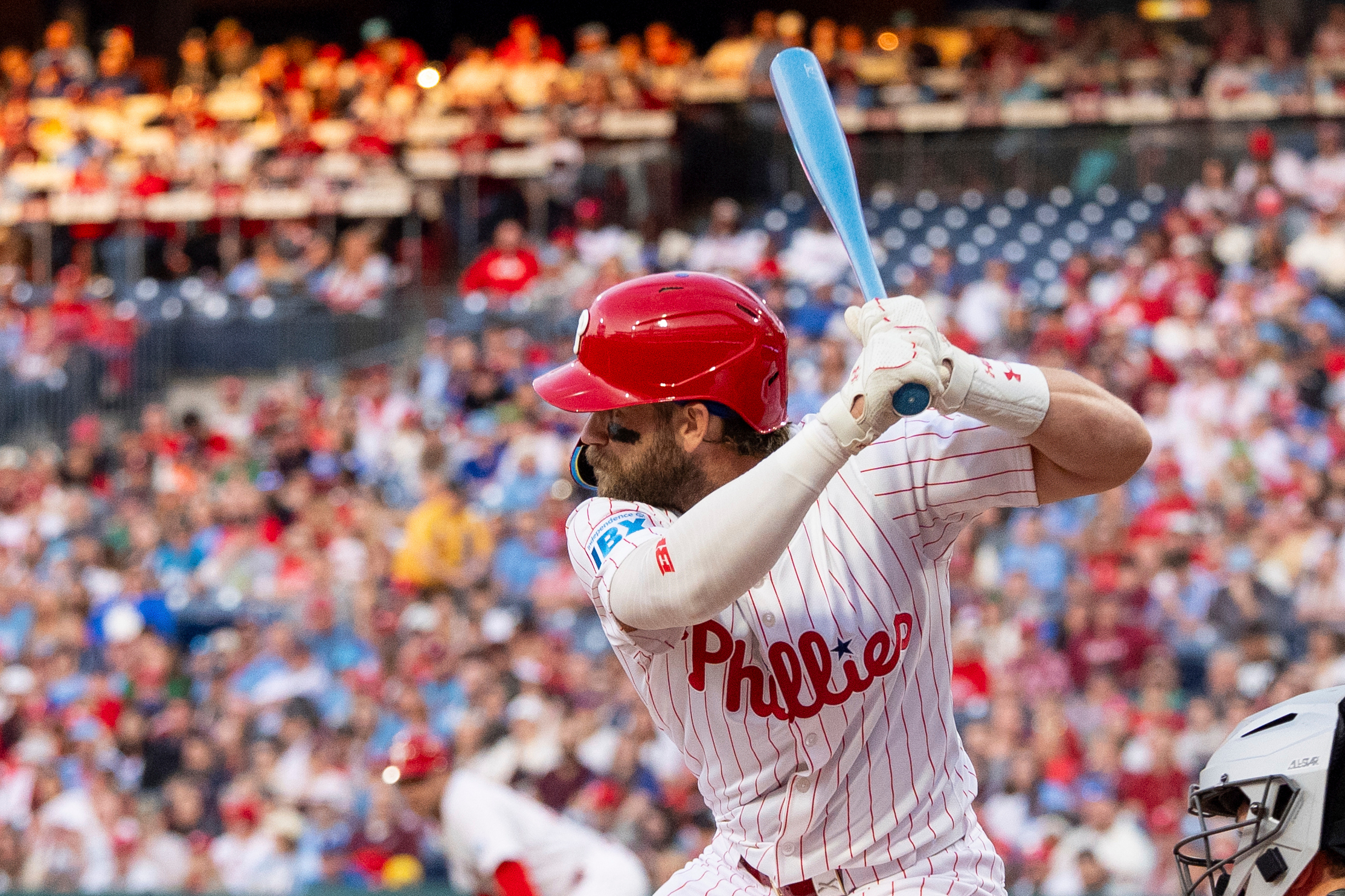 FILE - Philadelphia Phillies' Bryce Harper takes an at-bat during the first inning of a baseball game against the San Francisco Giants, April 14, 2025, in Philadelphia.