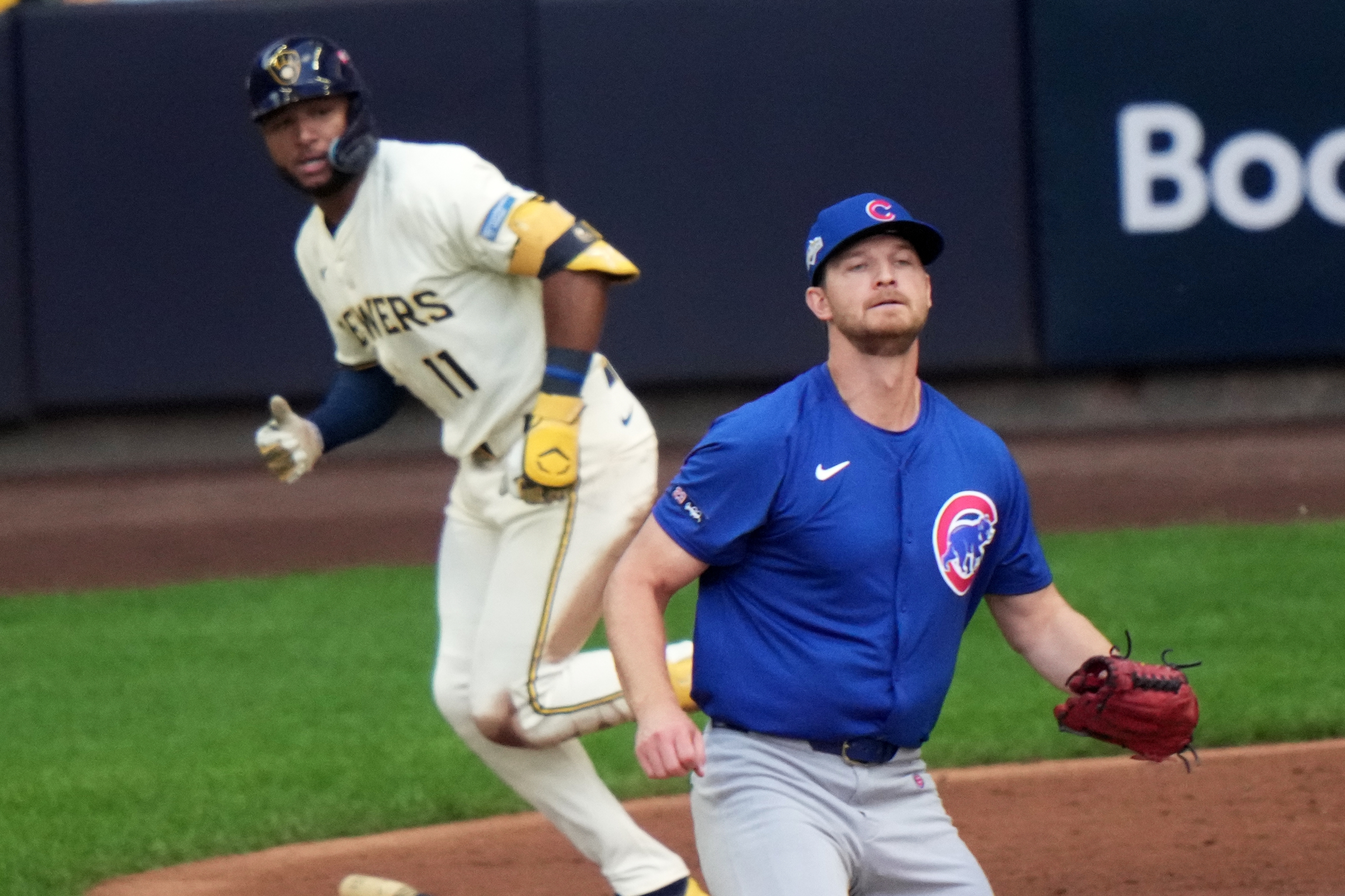 Chicago Cubs pitcher Matthew Boyd watches as Milwaukee Brewers' Jackson Chourio hits a two-run scoring single during the first inning of Game 1 of baseball's National League Division Series Saturday, Oct. 4, 2025, in Milwaukee. 