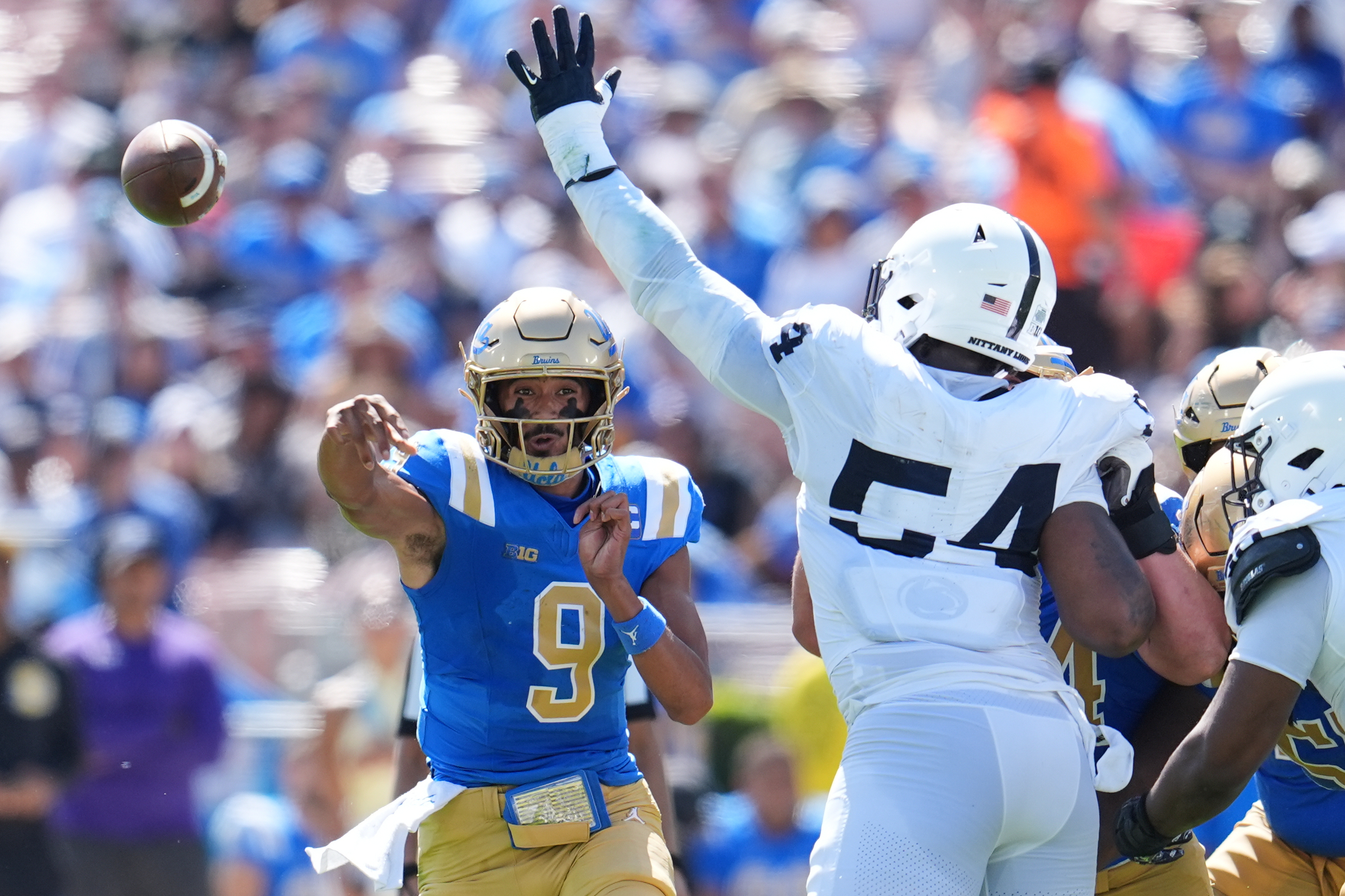 UCLA quarterback Nico Iamaleava (9) throws a pass during the first half of an NCAA college football game against Penn State, Saturday, Oct. 4, 2025, in Pasadena, Calif.