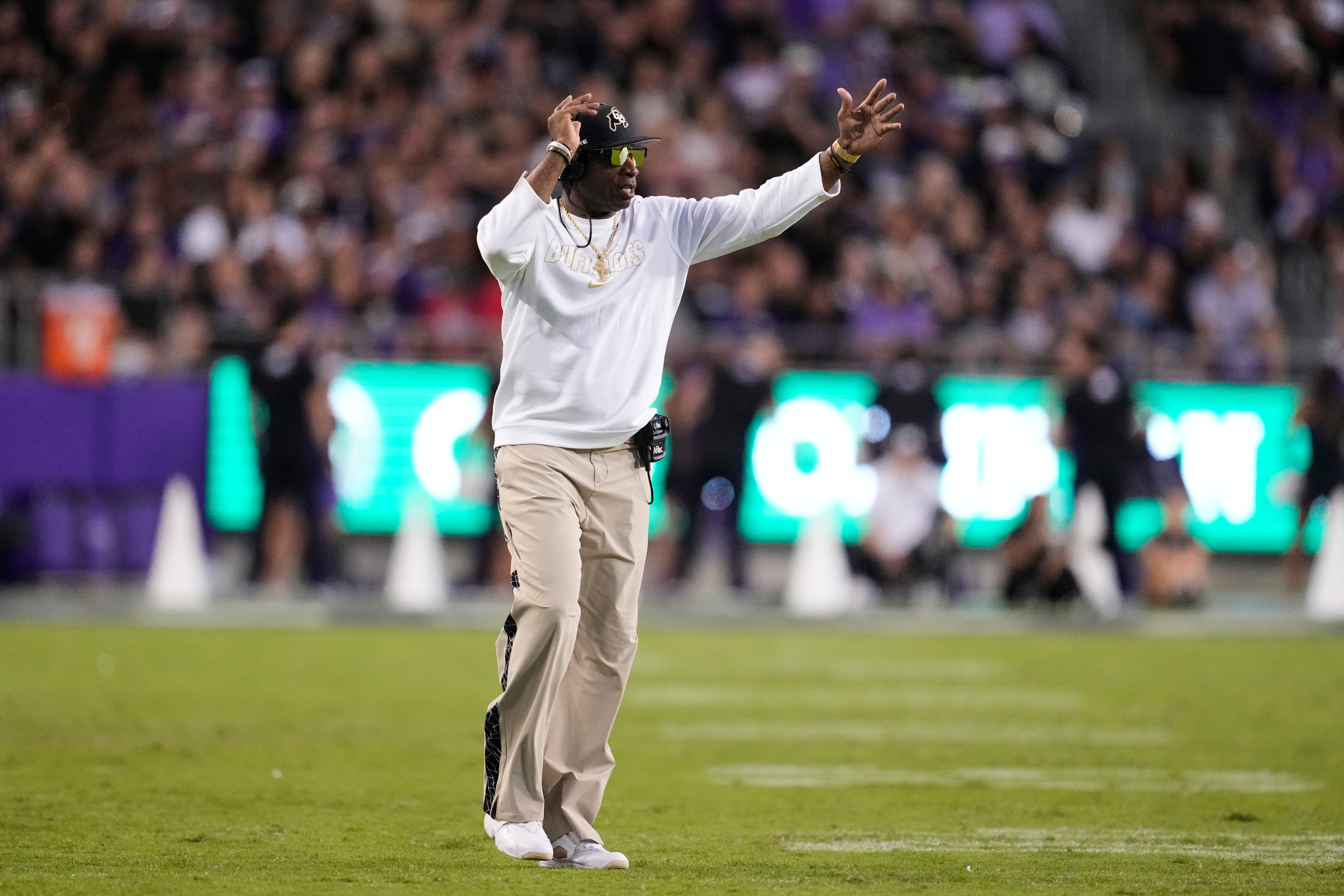 Colorado head coach Deion Sanders calls for a time out in the first half of an NCAA college football game against TCU Saturday, Oct. 4, 2025, in Fort Worth, Texas.