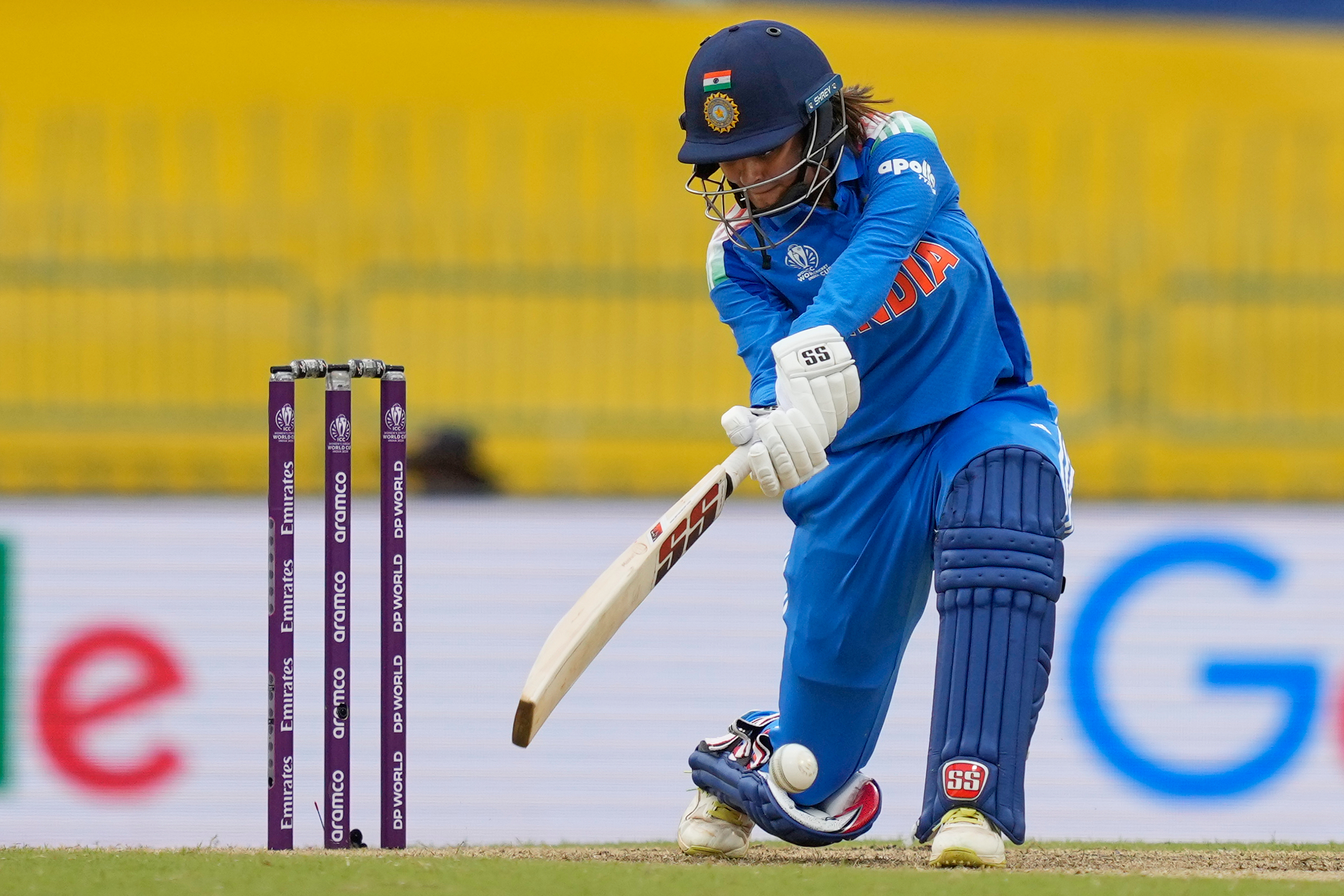 India's Harleen Deol plays a shot during the ICC Women's Cricket World Cup match between India and Pakistan at Premadasa Stadium in Colombo, Sri Lanka, Sunday, Oct, 5, 2025. 