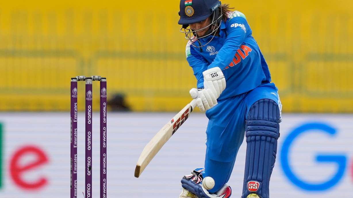 India's Harleen Deol plays a shot during the ICC Women's Cricket World Cup match between India and Pakistan at Premadasa Stadium in Colombo, Sri Lanka, Sunday, Oct, 5, 2025.