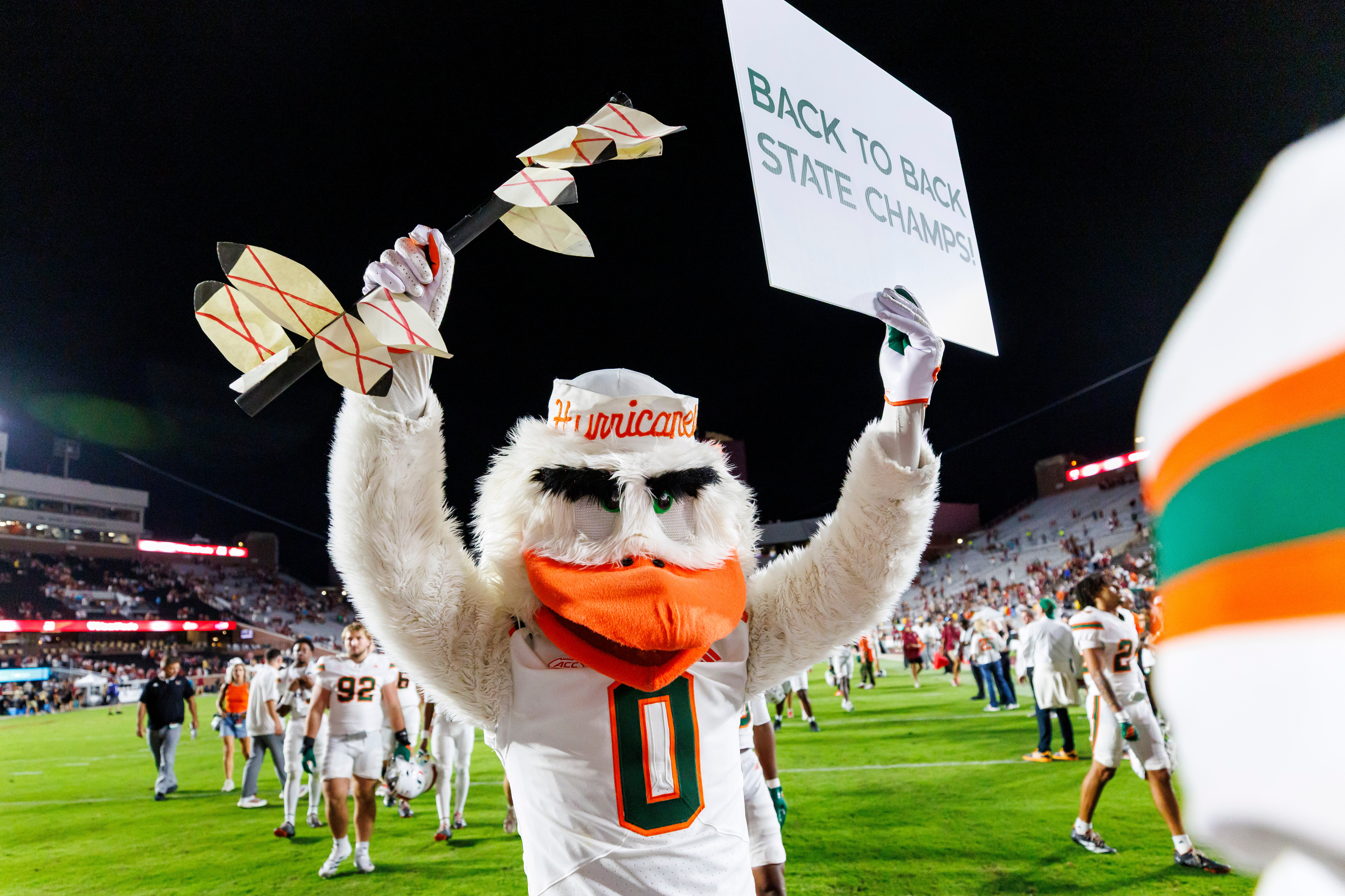 Miami mascot Sebastian the Ibis celebrates defeating Florida State in a NCAA college football game, Saturday, Oct. 4, 2025, in Tallahassee, Fla.
