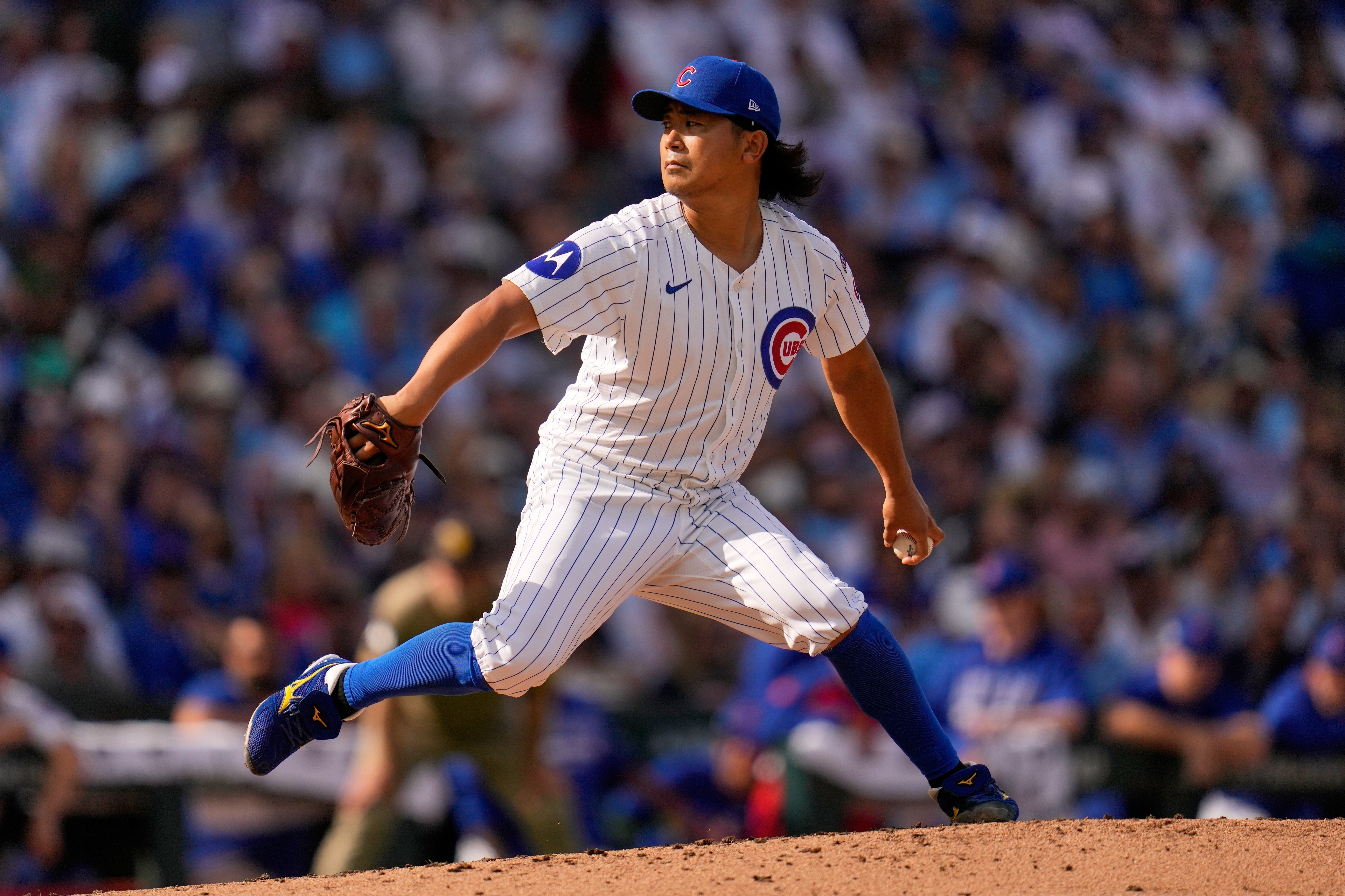 Chicago Cubs' Shota Imanaga throws during the third inning of Game 2 of a National League wild card baseball game against the San Diego Padres Wednesday, Oct. 1, 2025, in Chicago.