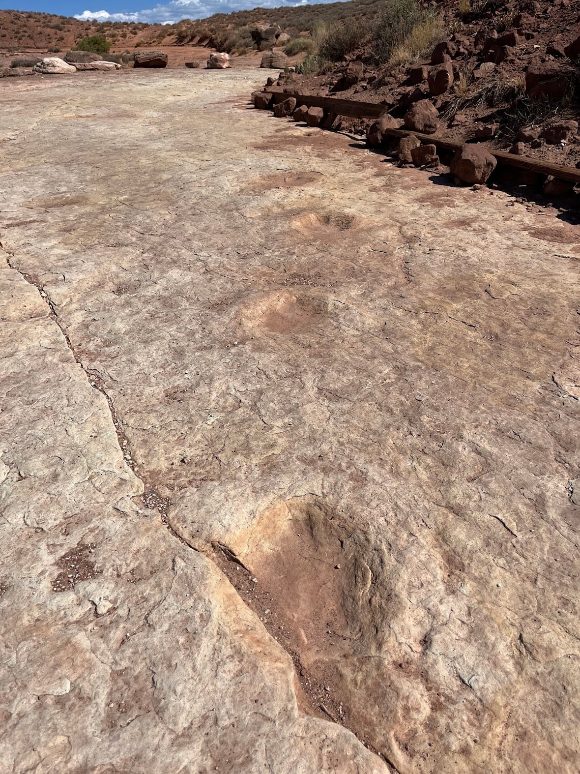 A purported dinosaur trail at Utahraptor State Park in Moab. You can literally walk in the footsteps of dinosaurs at the new park, which opened in May.