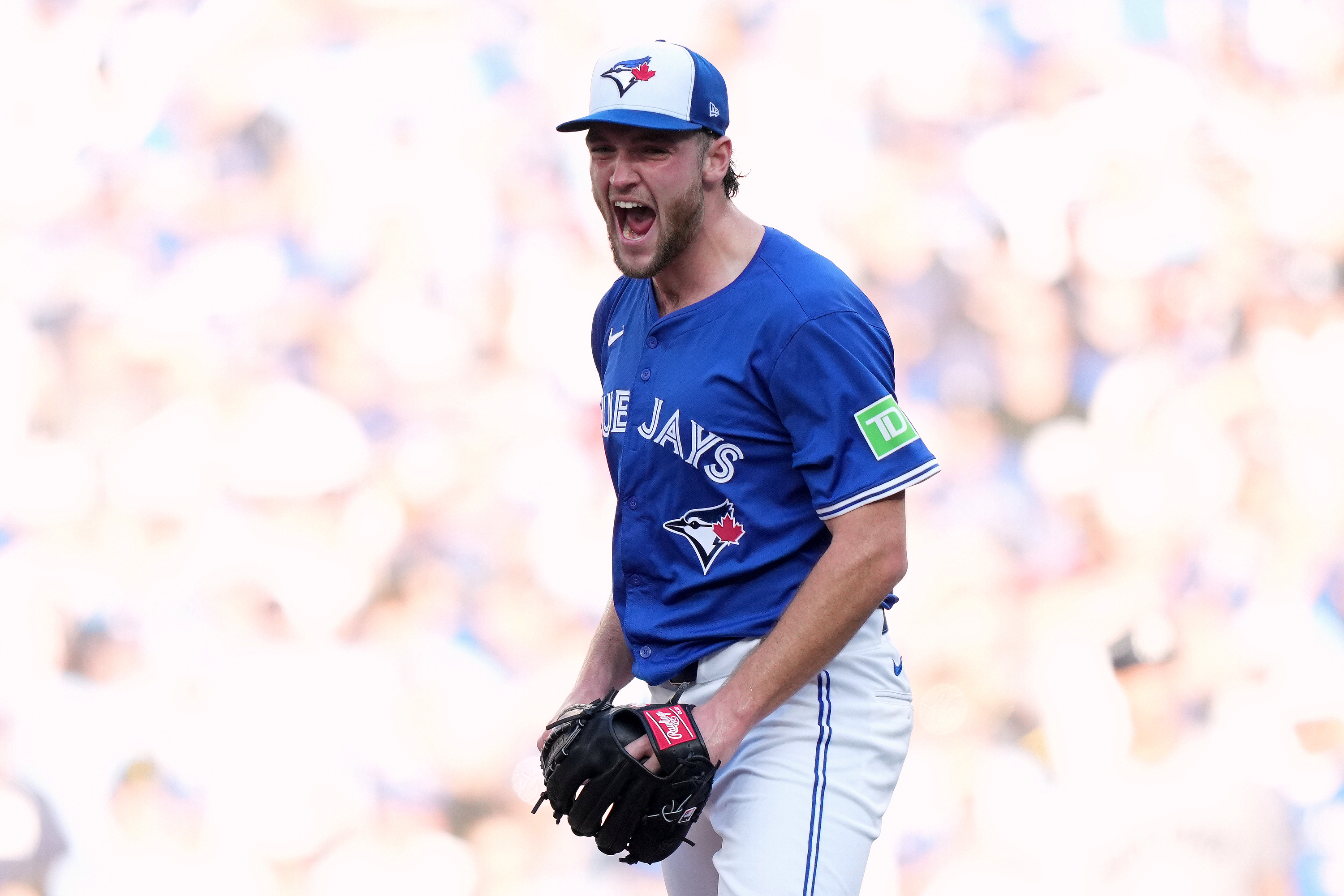 Toronto Blue Jays pitcher Trey Yesavage celebrates after striking out a New York Yankees batter during the third inning of Game 2 of baseball's American League Division Series in Toronto, Sunday, Oct. 5, 2025.