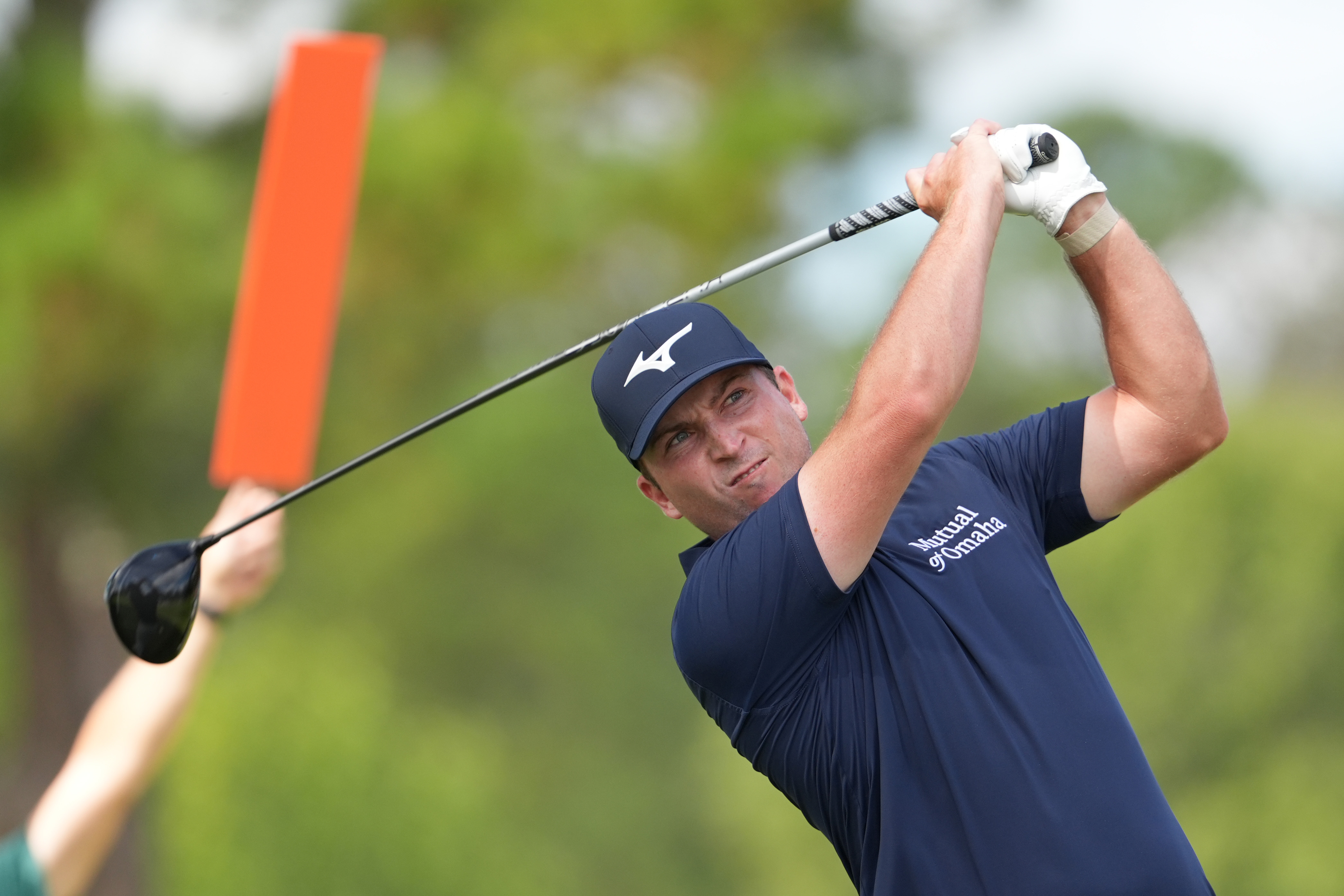 Steven Fisk watches his drive from the No. 1 tee during the fourth round of the Sanderson Farms Championship golf tournament, Sunday, Oct. 5, 2025, in Jackson, Miss.