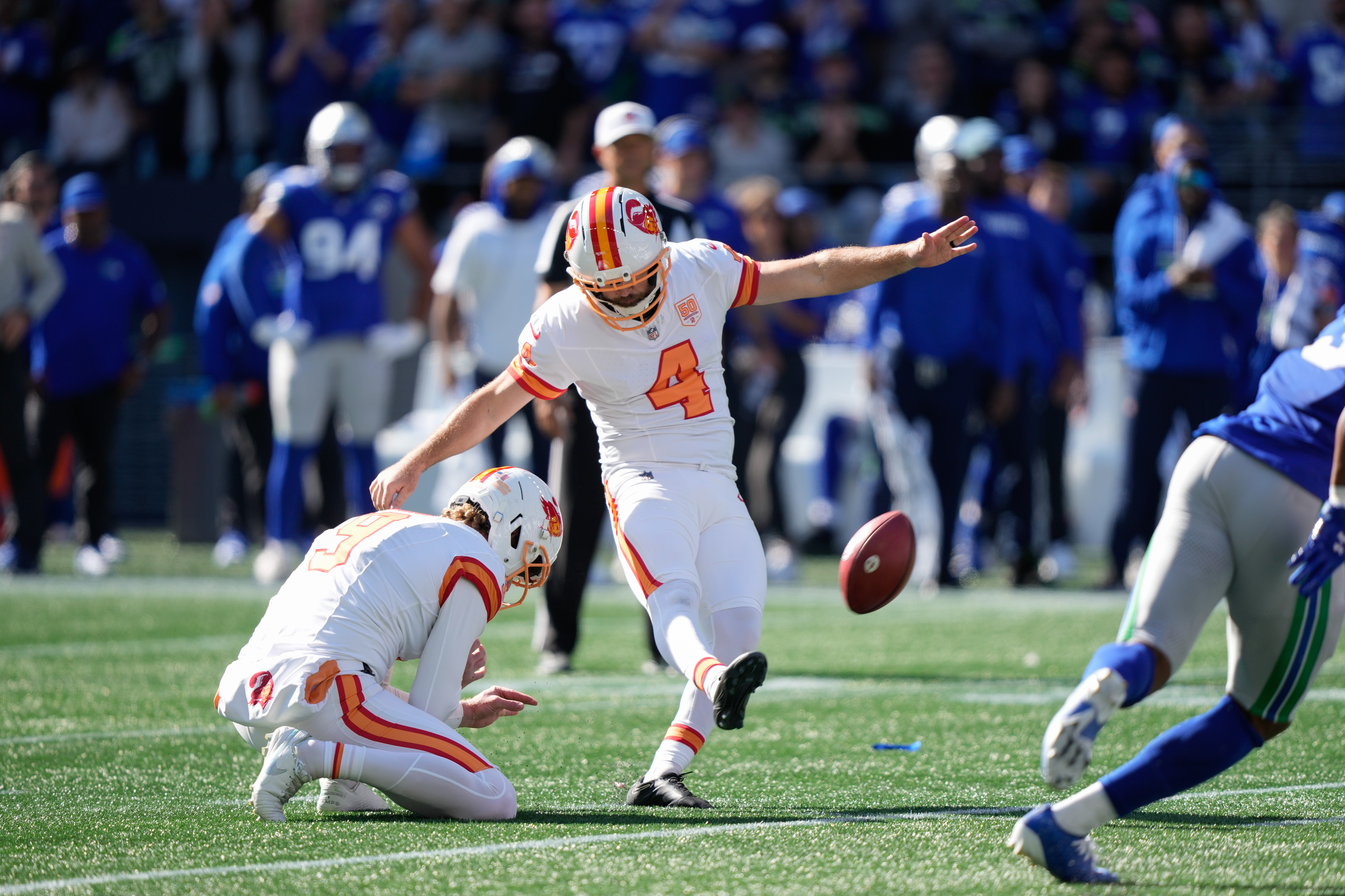 Tampa Bay Buccaneers place-kicker Chase McLaughlin (4) kicks a field goal during the first half of an NFL football game against the Seattle Seahawks, Sunday, Oct. 5, 2025, in Seattle.