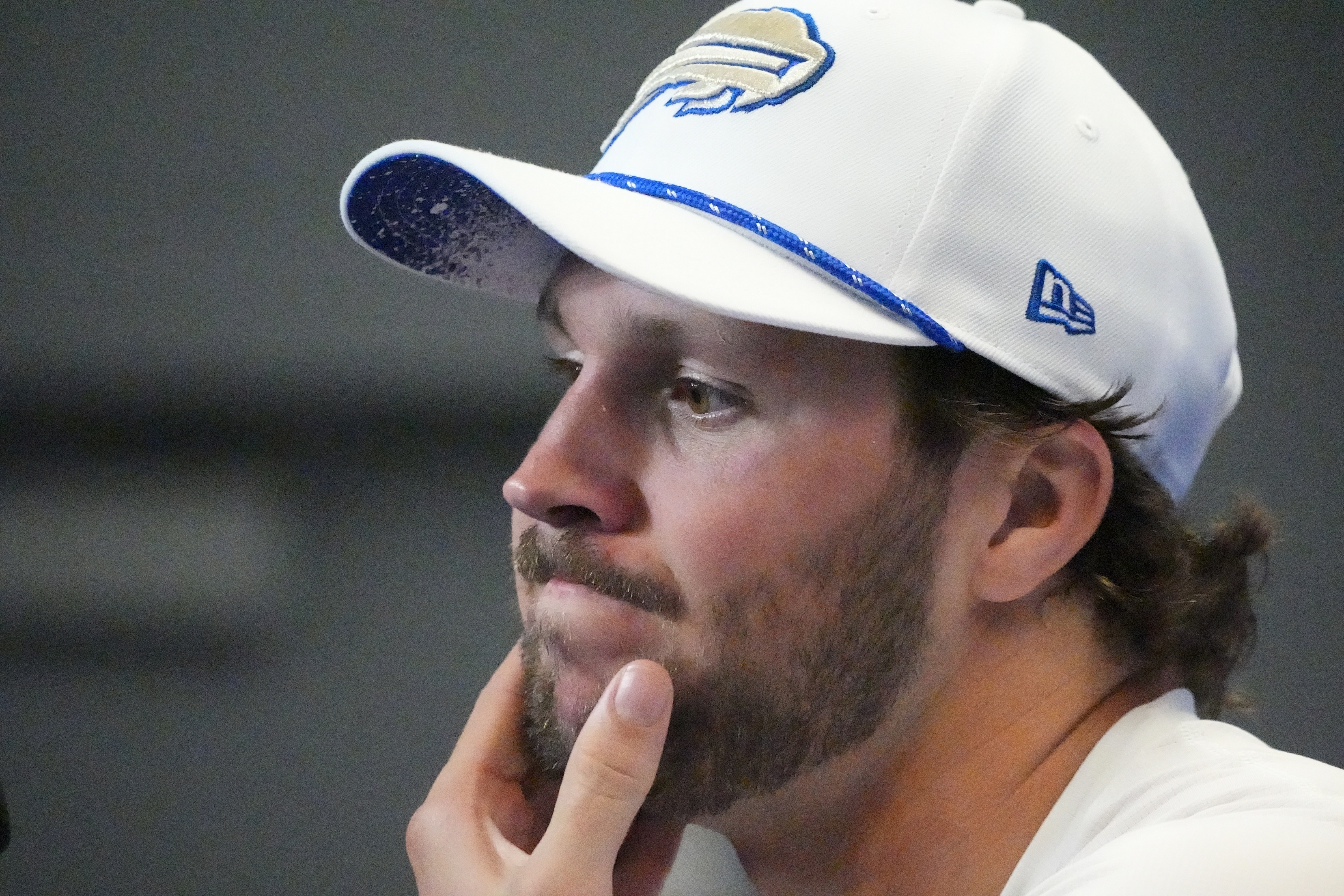 Buffalo Bills quarterback Josh Allen talks to the media following an NFL football game against the New England Patriots, Sunday, Sept. 5, 2025, in Orchard Park, N.Y. 