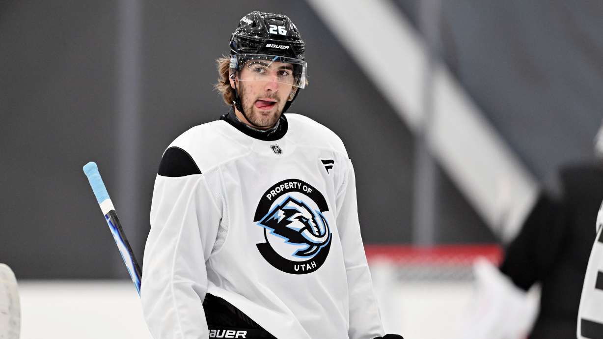 Dmitri Simashev skates to the side during practice as the Utah Mammoth hold rookie camp at their new practice facility in Sandy on Wednesday, Sept. 10, 2025.