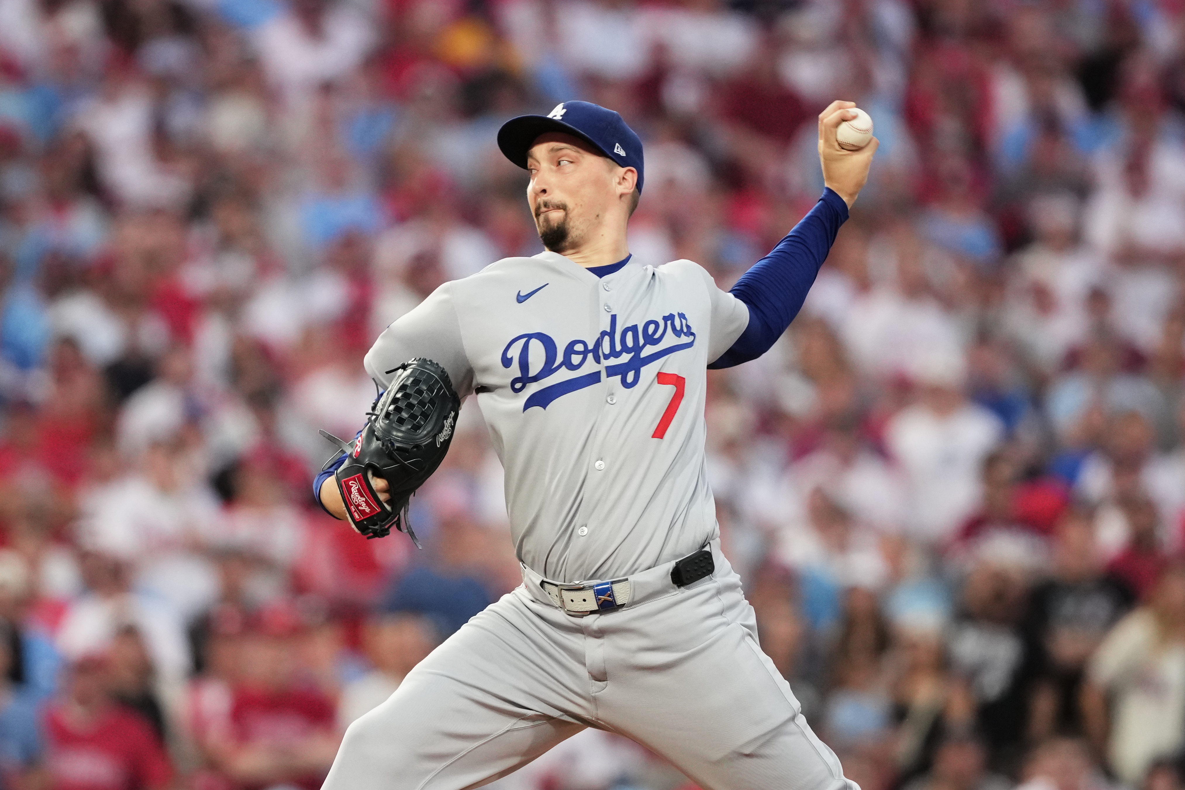 Los Angeles Dodgers starting pitcher Blake Snell throws during the first inning in Game 2 of baseball's National League Division Series against the Philadelphia Phillies, Monday, Oct. 6, 2025, in Philadelphia.