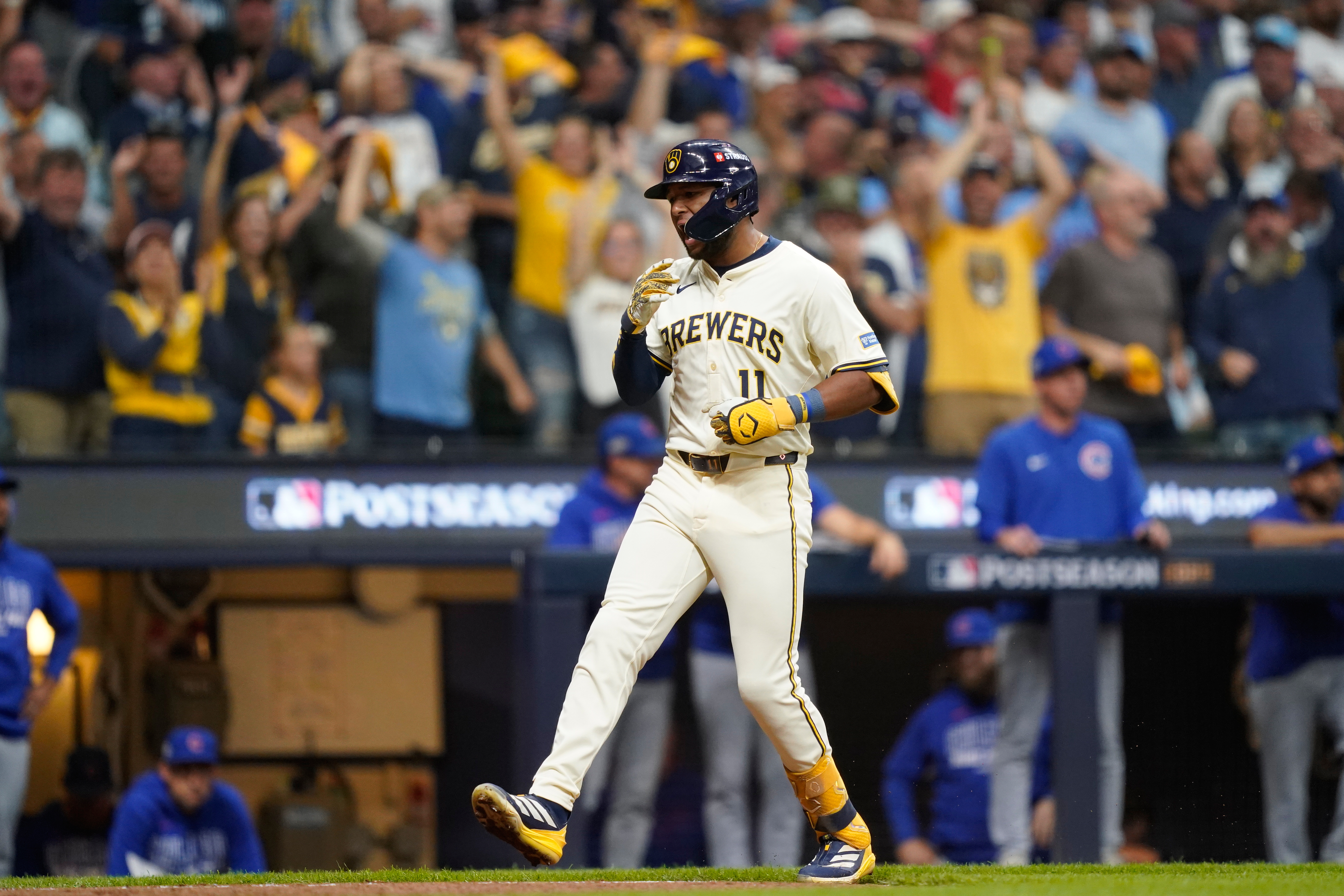 Milwaukee Brewers' Jackson Chourio (11) celebrates while running the bases after hitting a 3-run home run during the fourth inning of Game 2 of baseball's National League Division Series against the Chicago Cubs Monday, Oct. 6, 2025, in Milwaukee.