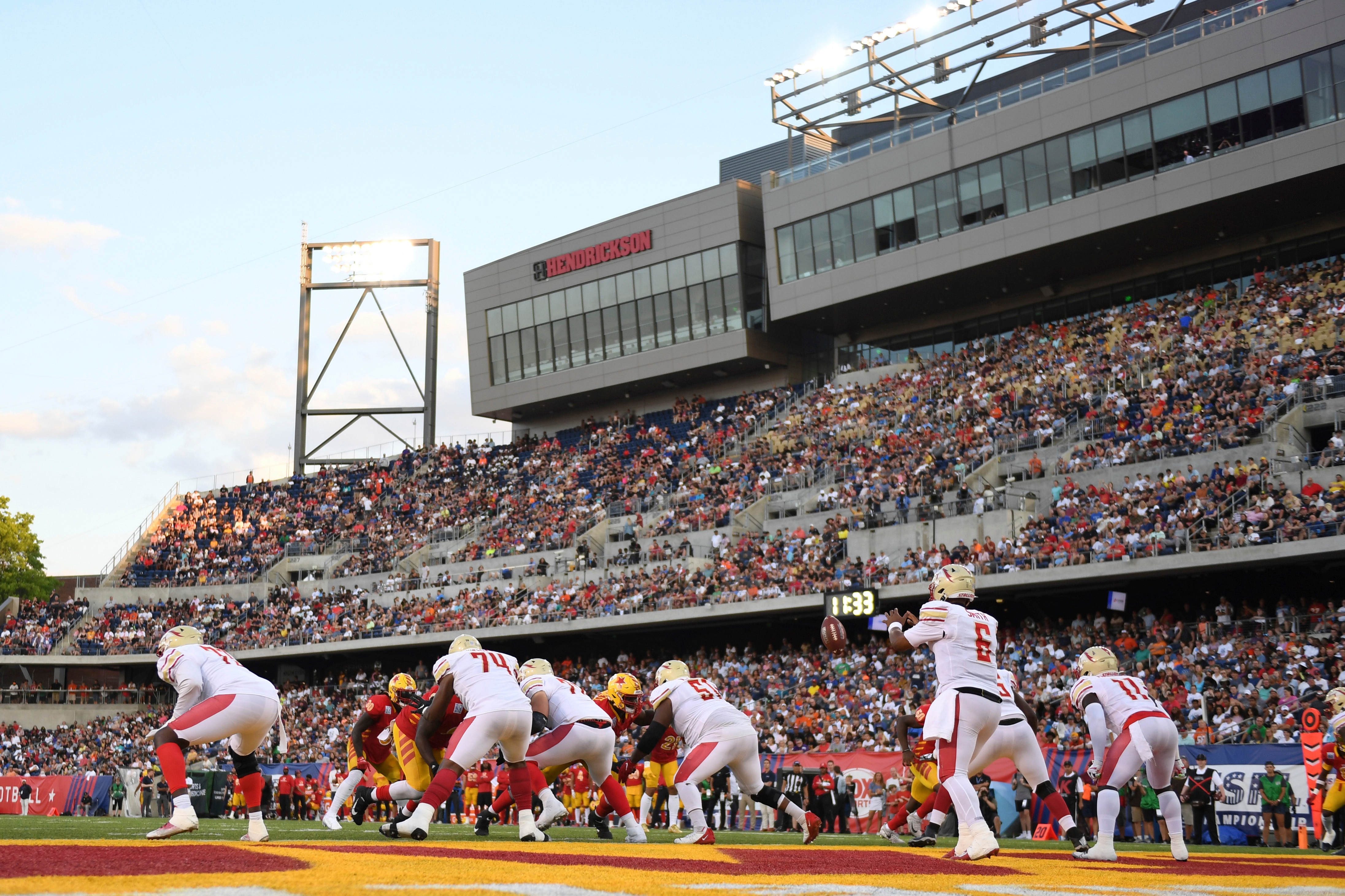 FILE - Birmingham Stallions quarterback J'Mar Smith, front right, collects the snap during the first half of a USFL football game against the Philadelphia Stars for the league championship, Sunday, July. 3, 2022, in Canton, Ohio. 