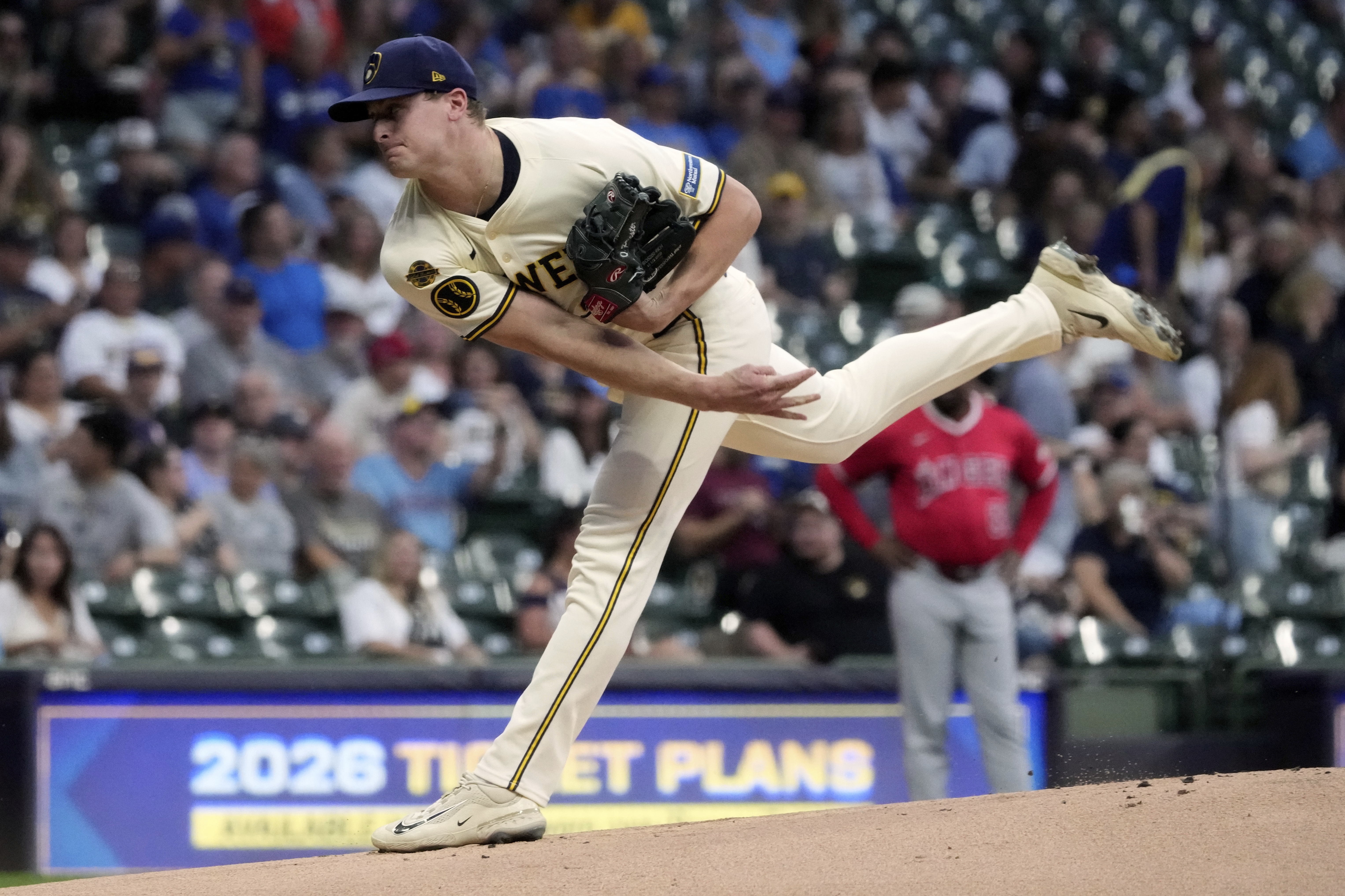 Milwaukee Brewers' Quinn Priester throws during the first inning of a baseball game against the Los Angeles Angels Thursday, Sept. 18, 2025, in Milwaukee.