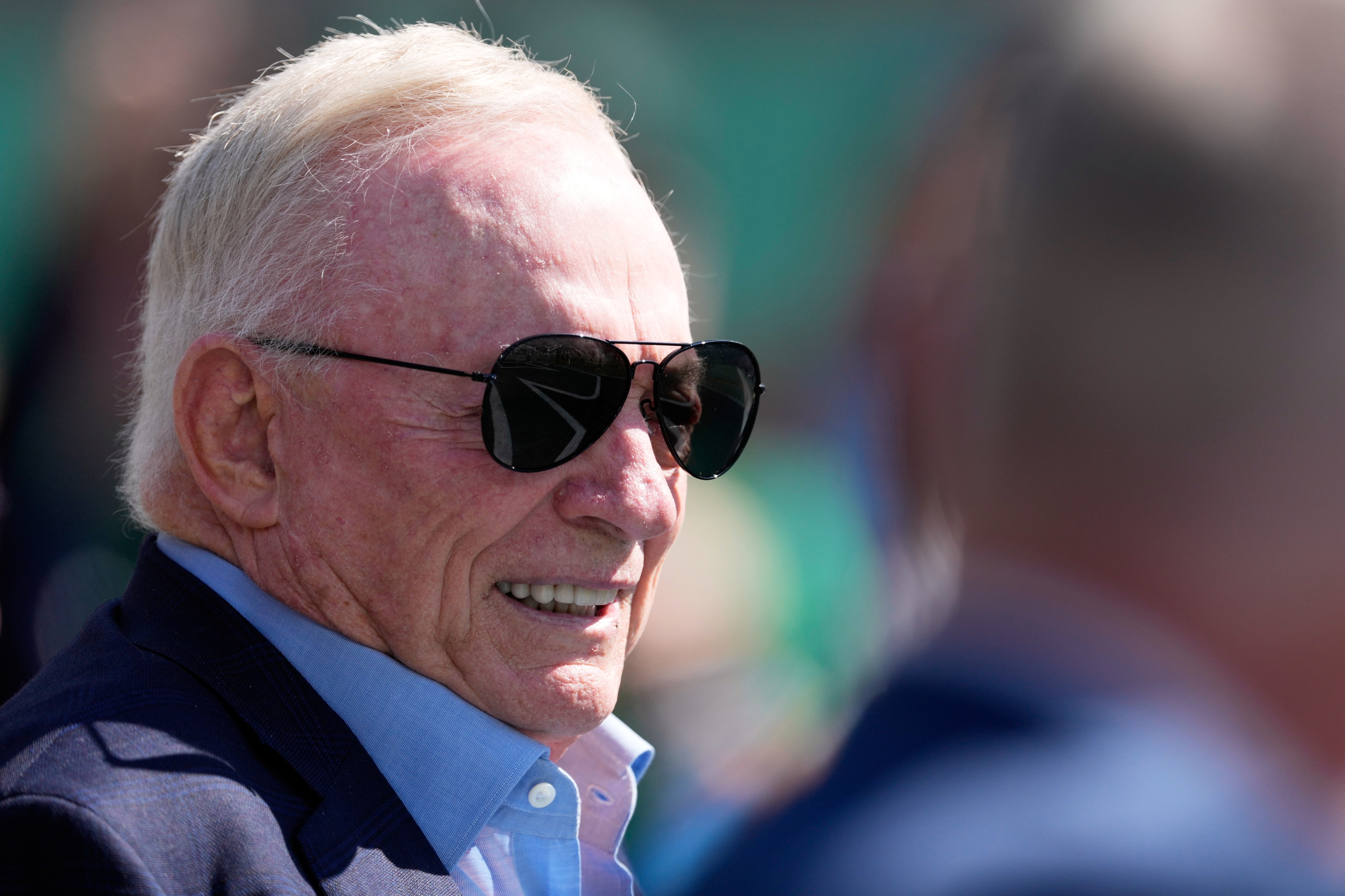 Dallas Cowboys owner Jerry Jones watches warm ups before an NFL football game against the New York Jets Sunday, Oct. 5, 2025, in East Rutherford, N.J.