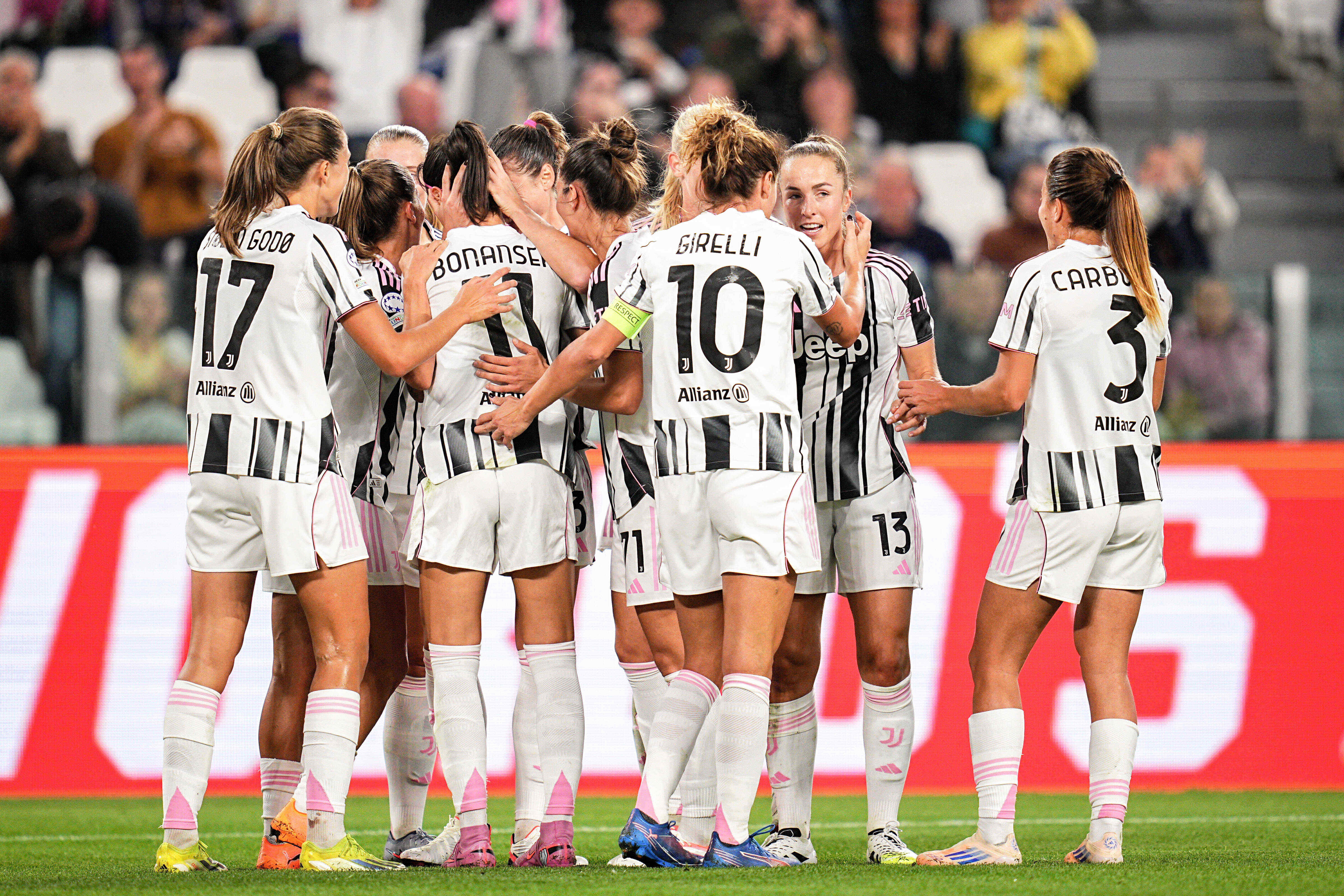 Juventus' Cecilia Salvai celebrates after scoring during the Women's Champions League soccer match between Juventus FC W and S.L. Benfica at the Allianz Stadium in Turin, Italy, Tuesday, Oct. 7, 2025. 