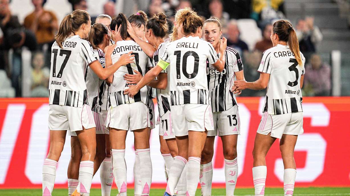 Juventus' Cecilia Salvai celebrates after scoring during the Women's Champions League soccer match between Juventus FC W and S.L. Benfica at the Allianz Stadium in Turin, Italy, Tuesday, Oct. 7, 2025.