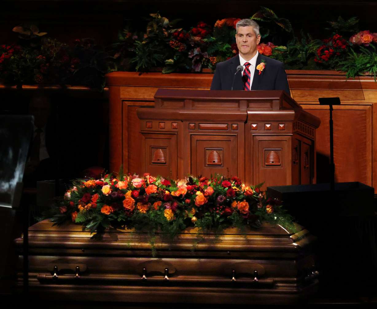 Russell M. Nelson Jr. speaks during his father's funeral at the Conference Center of The Church of Jesus Christ of Latter-day Saints in Salt Lake City on Tuesday.