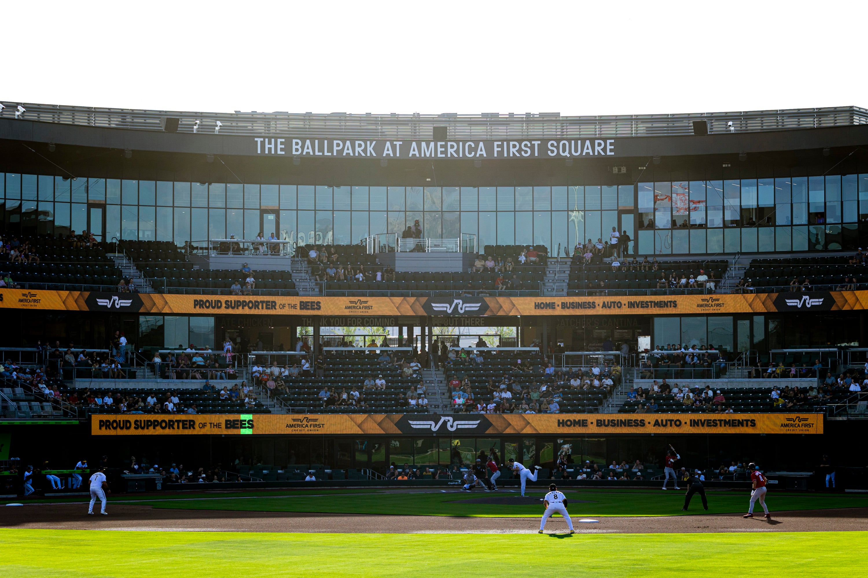 A play unfolds during a minor league baseball game between the Salt Lake Bees and the Albuquerque Isotopes held at The Ballpark at America First Square in South Jordan on July 22.