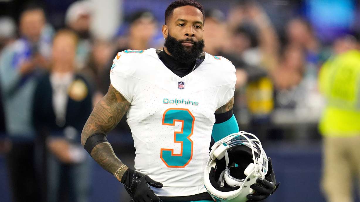 FILE - Miami Dolphins wide receiver Odell Beckham Jr. warms up prior to an NFL football game against the Los Angeles Rams, Monday, Nov. 11, 2024, in Inglewood, Calif.