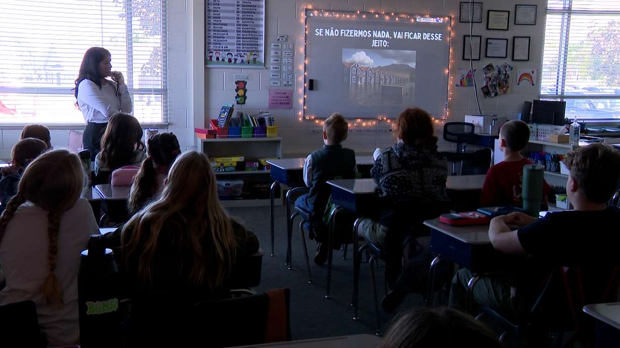 Ketelyn Chaves teaches her fifth graders at Rose Springs Elementary School on Tuesday. Chaves had around 500 examples to share with her class as part of her science lesson on the flooding that occurred on Saturday.