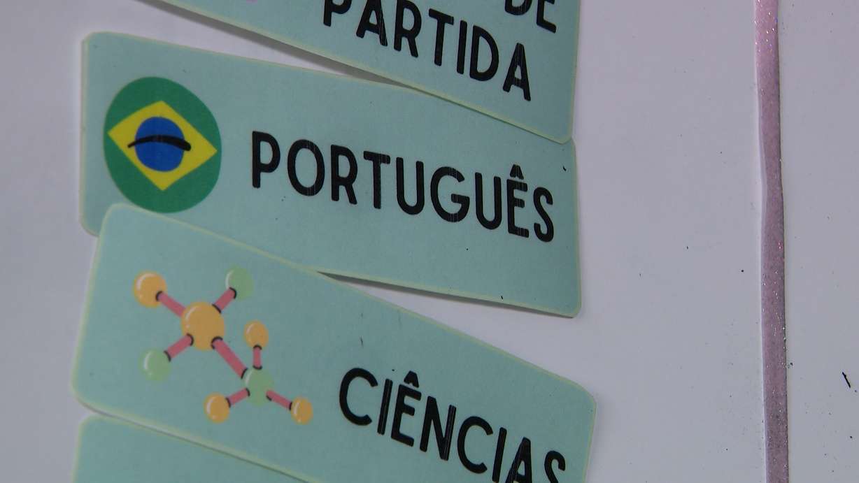 Signs in Brazilian Portuguese hang in Ketelyn Chaves' fifth-grade classroom at Rose Springs Elementary School, Tuesday. Chaves' classes are completely in Portuguese as part of a language immersion program.
