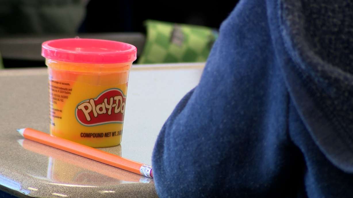 A container of Play-Doh on a student's desk in Ketelyn Chaves' classroom at Rose Springs Elementary School, Tuesday. Play-Doh was part of the science lesson on Saturday's flooding.