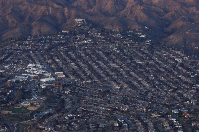 An aerial view of the fire damage caused by the Palisades Fire is shown in the Pacific Palisades, Calif., Jan. 22.