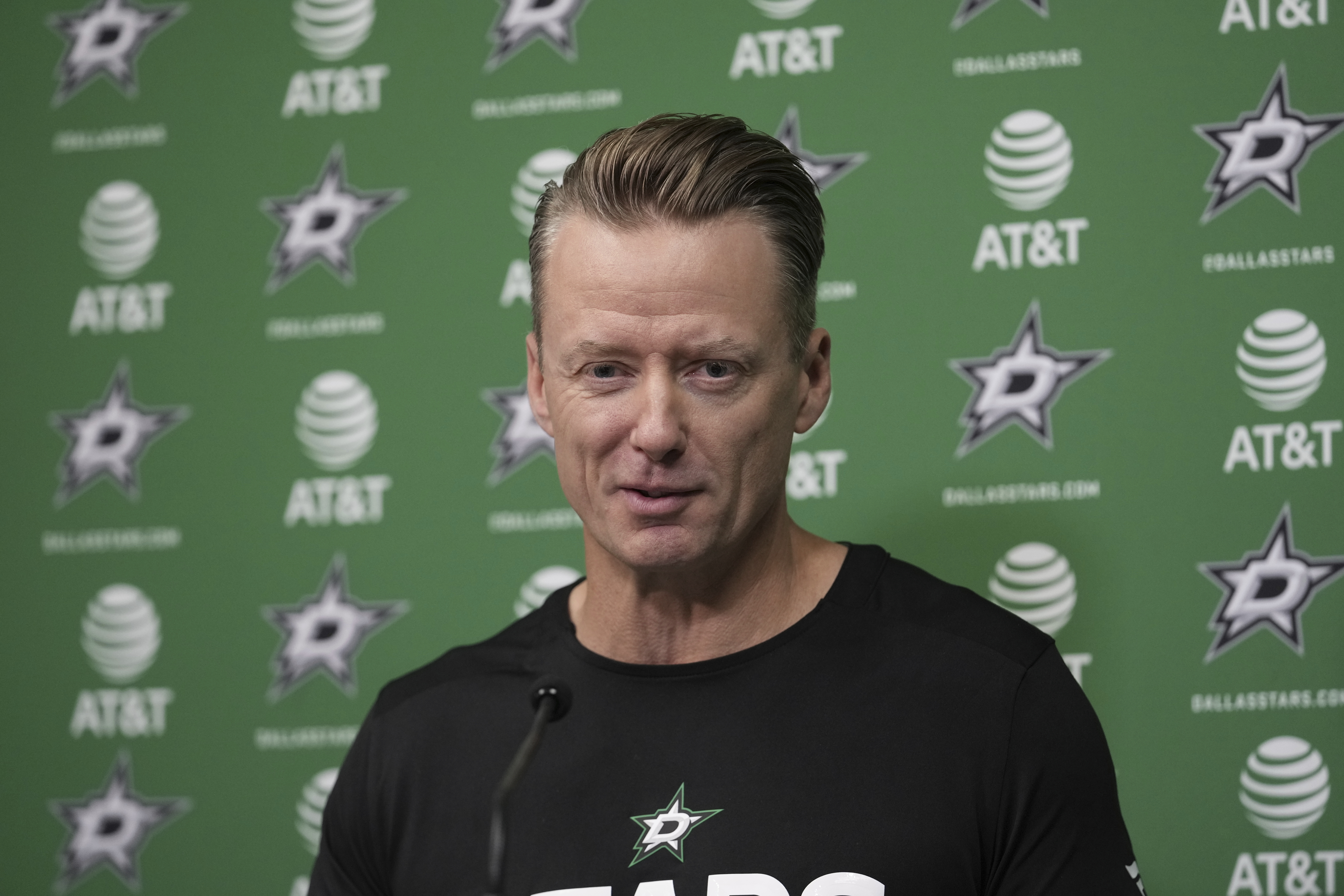 Dallas Stars head coach Glen Gulutzan responds to questions during a news conference at the NHL hockey team's headquarters, Wednesday, Sept. 17, 2025, in Frisco, Texas. 