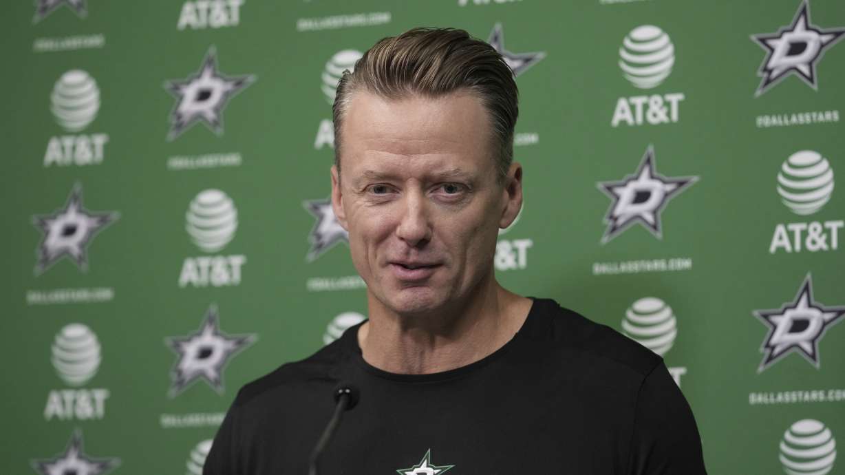 Dallas Stars head coach Glen Gulutzan responds to questions during a news conference at the NHL hockey team's headquarters, Wednesday, Sept. 17, 2025, in Frisco, Texas.