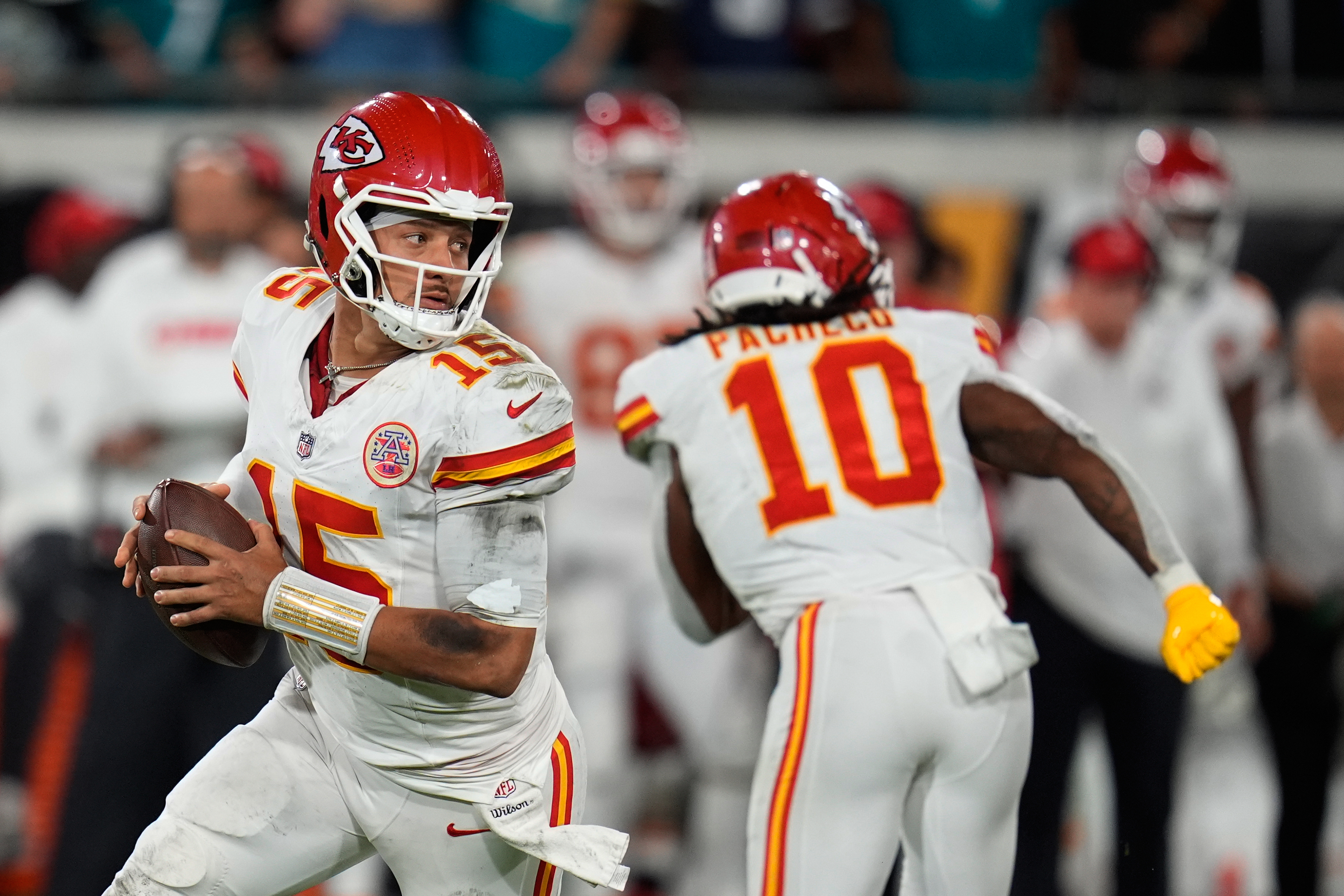 Kansas City Chiefs quarterback Patrick Mahomes (15) looks to pass during the second half of an NFL football game against the Jacksonville Jaguars, Monday, Oct. 6, 2025, in Jacksonville, Fla.