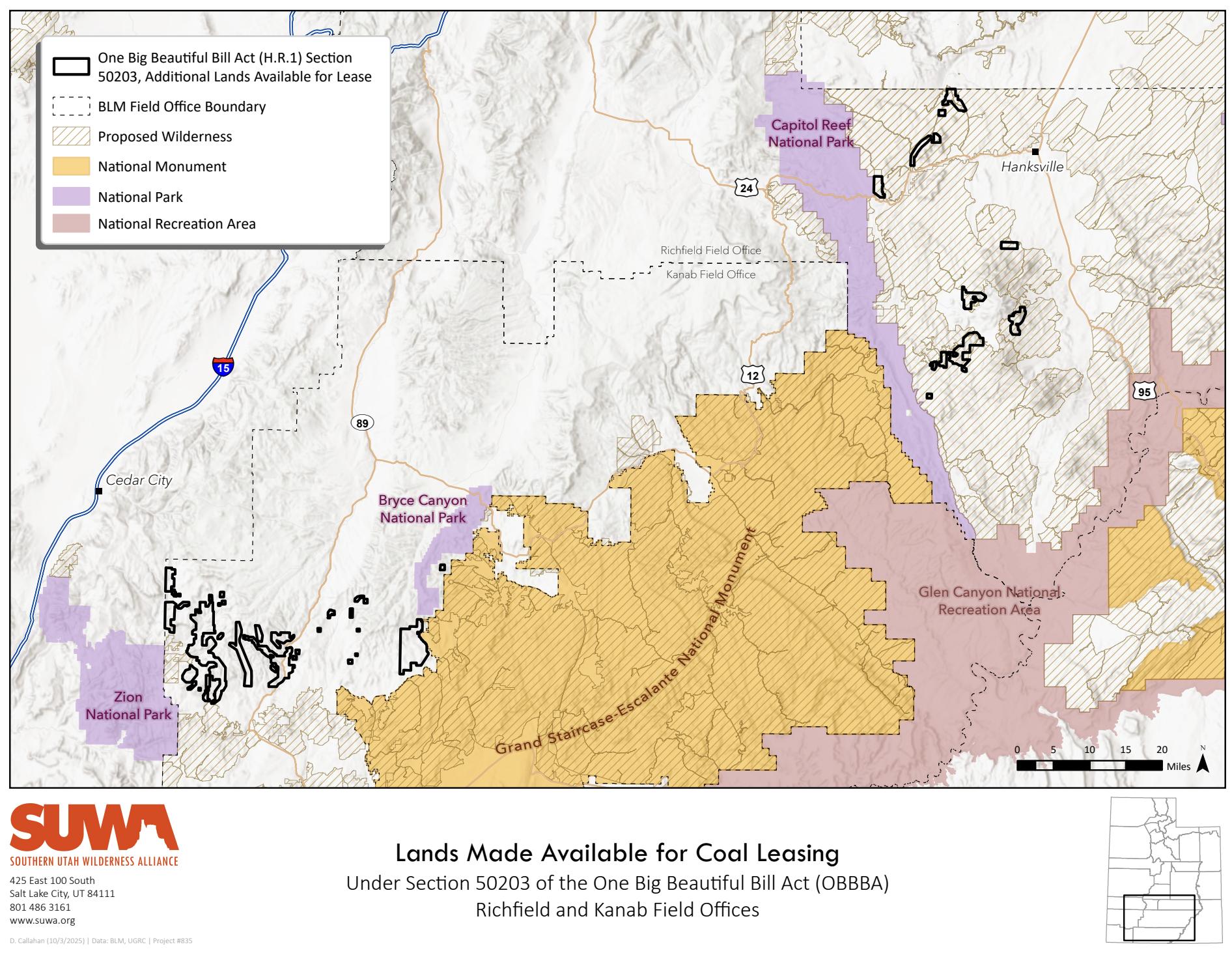 A map shows areas (outlined in black) that have been made available for coal leasing.