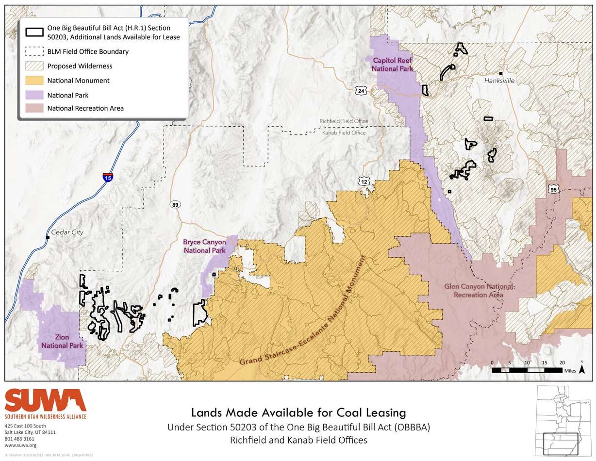A map shows areas (outlined in black) that have been made available for coal leasing.