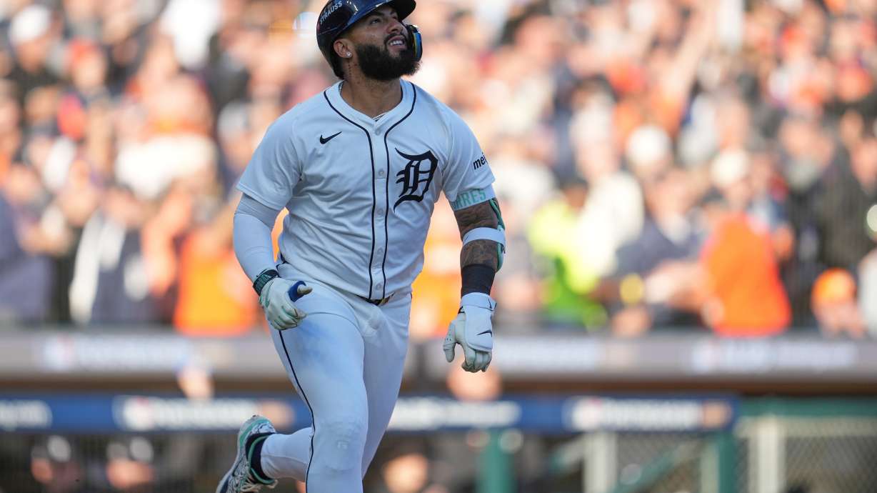 Detroit Tigers' Gleyber Torres watches his solo home run during the seventh inning in Game 4 of baseball's American League Division Series against the Seattle Mariners Wednesday, Oct. 8, 2025, in Detroit.