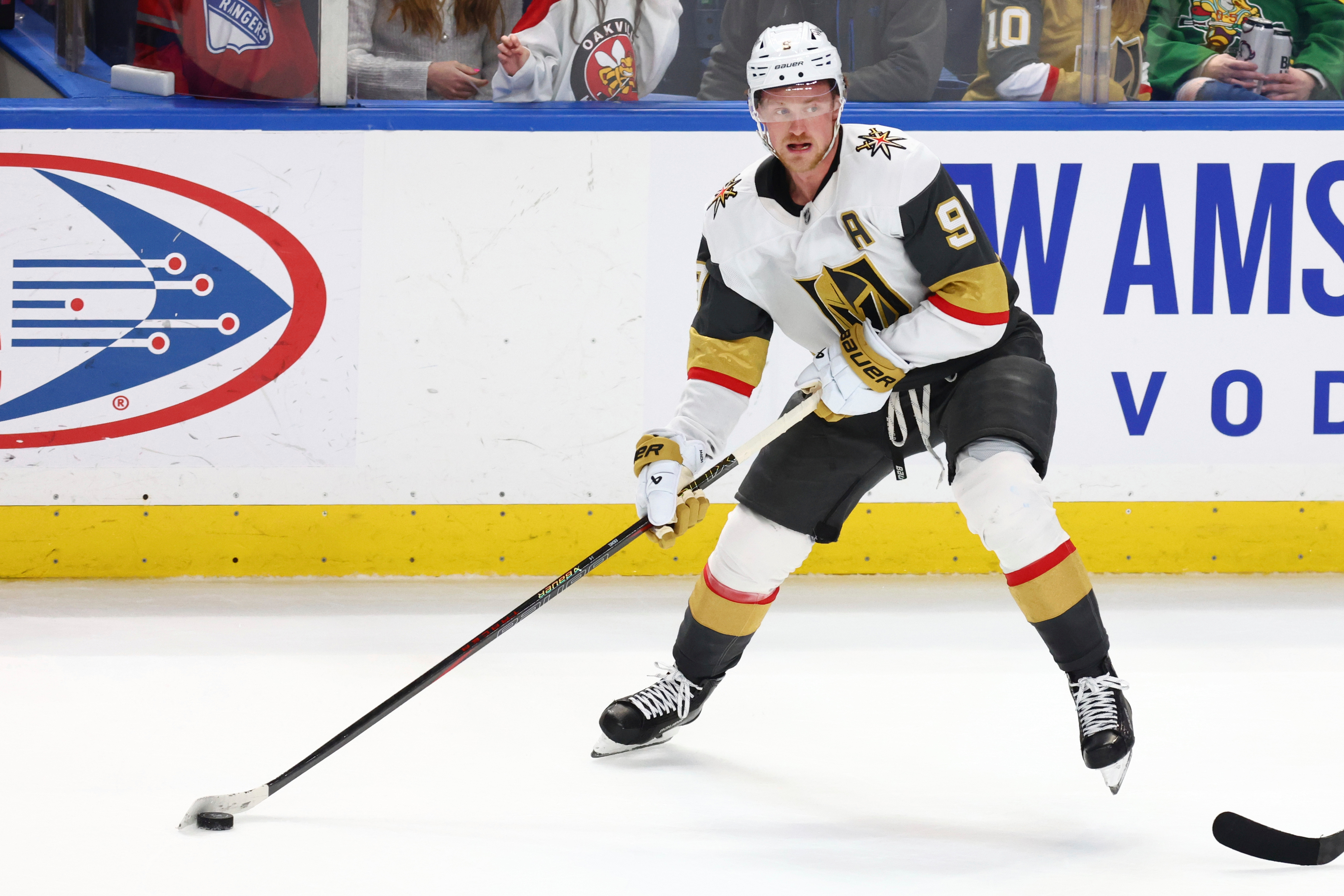FILE - Vegas Golden Knights center Jack Eichel (9) skates with the puck during the third period of an NHL hockey game against the Buffalo Sabres Saturday, March 15, 2025, in Buffalo, N.Y. 
