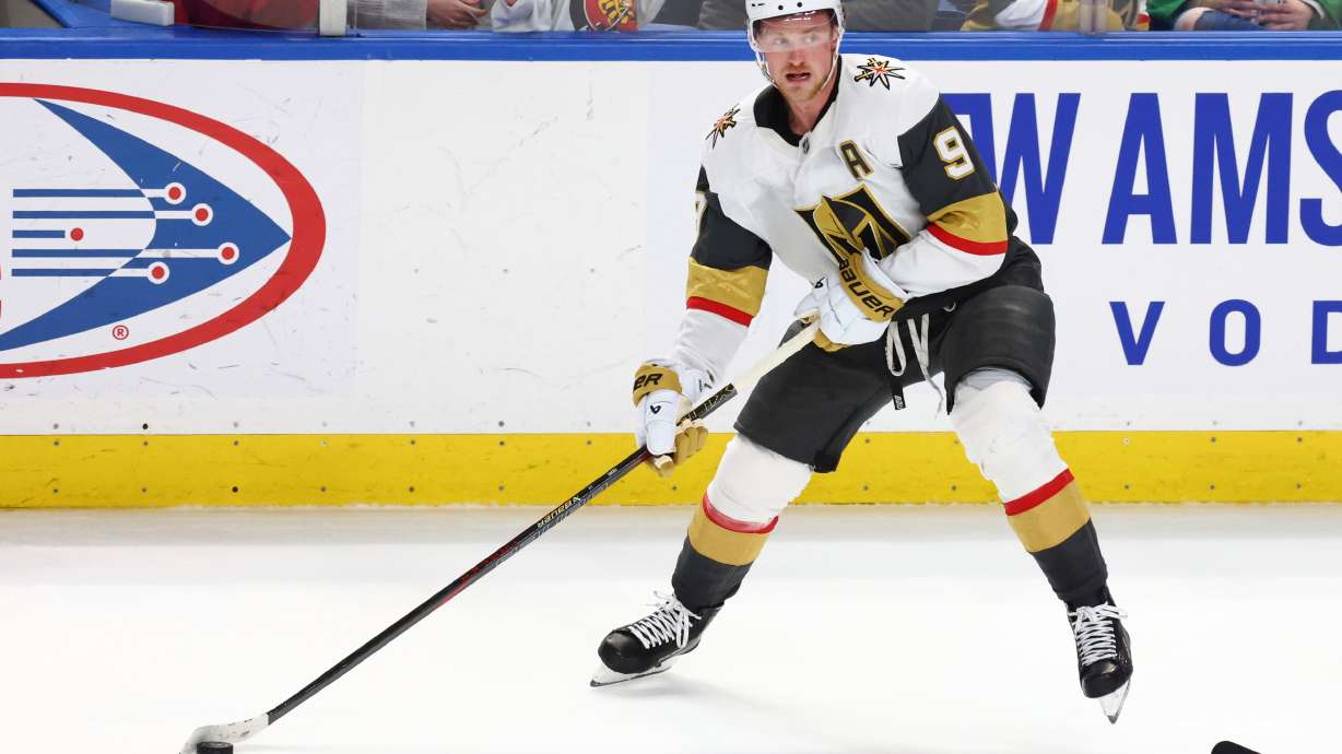 FILE - Vegas Golden Knights center Jack Eichel (9) skates with the puck during the third period of an NHL hockey game against the Buffalo Sabres Saturday, March 15, 2025, in Buffalo, N.Y.