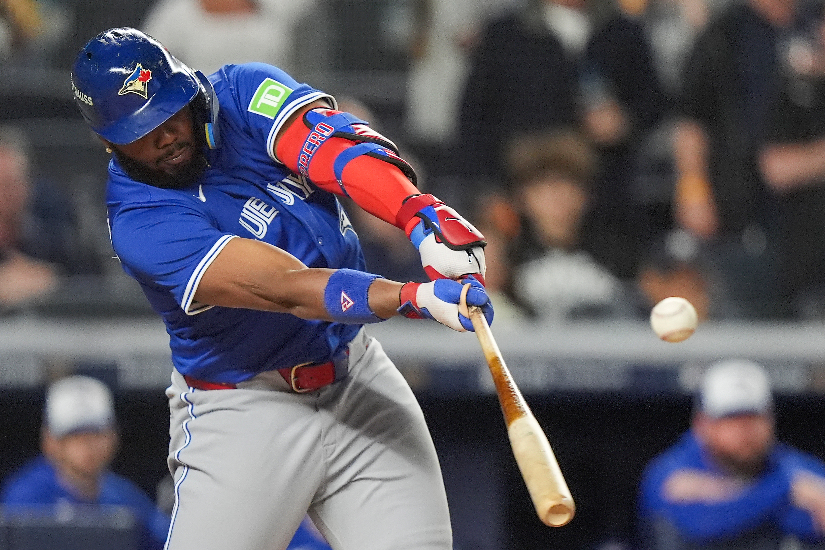 Toronto Blue Jays' Vladimir Guerrero Jr. connects for a single to drive in a run against the New York Yankees during the first inning of Game 4 of baseball's American League Division Series, Wednesday, Oct. 8, 2025, in New York. 