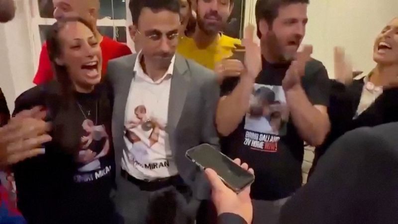 Hostage family members and captivity survivors react as they speak to President Donald Trump in Washington, Wednesday. Trump announced that Israel and Hamas had agreed on the first phase of a ceasefire in the region.