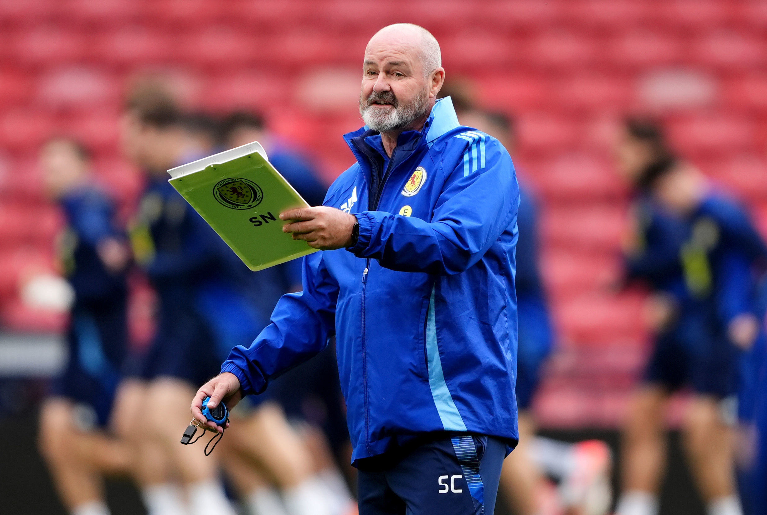 Scotland's manager Steve Clarke during a training session in Glasgow, Scotland, Wednesday, Oct. 8, 2025, ahead of the World Cup qualifying soccer match against Greece.