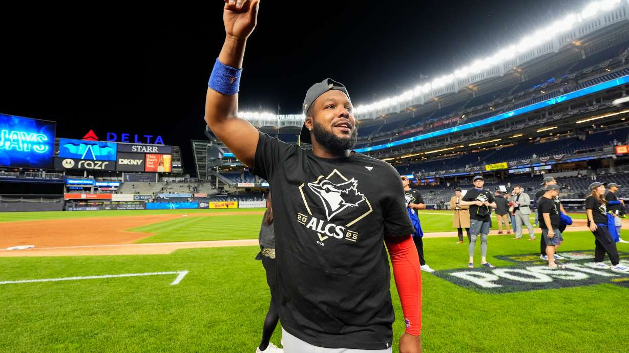 Toronto Blue Jays first baseman Vladimir Guerrero Jr. celebrates after the Blue Jays beat the New York Yankees in Game 4 of baseball's American League Division Series, Wednesday, Oct. 8, 2025, in New York.