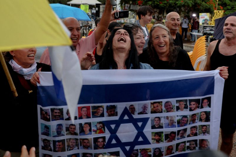 Einav Zangauker, the mother of hostage Matan Zangauker, at the "Hostages square", in Tel Aviv, Israel, Thursday. Zangauker expressed relief at the ceasefire, calling it "crazy."