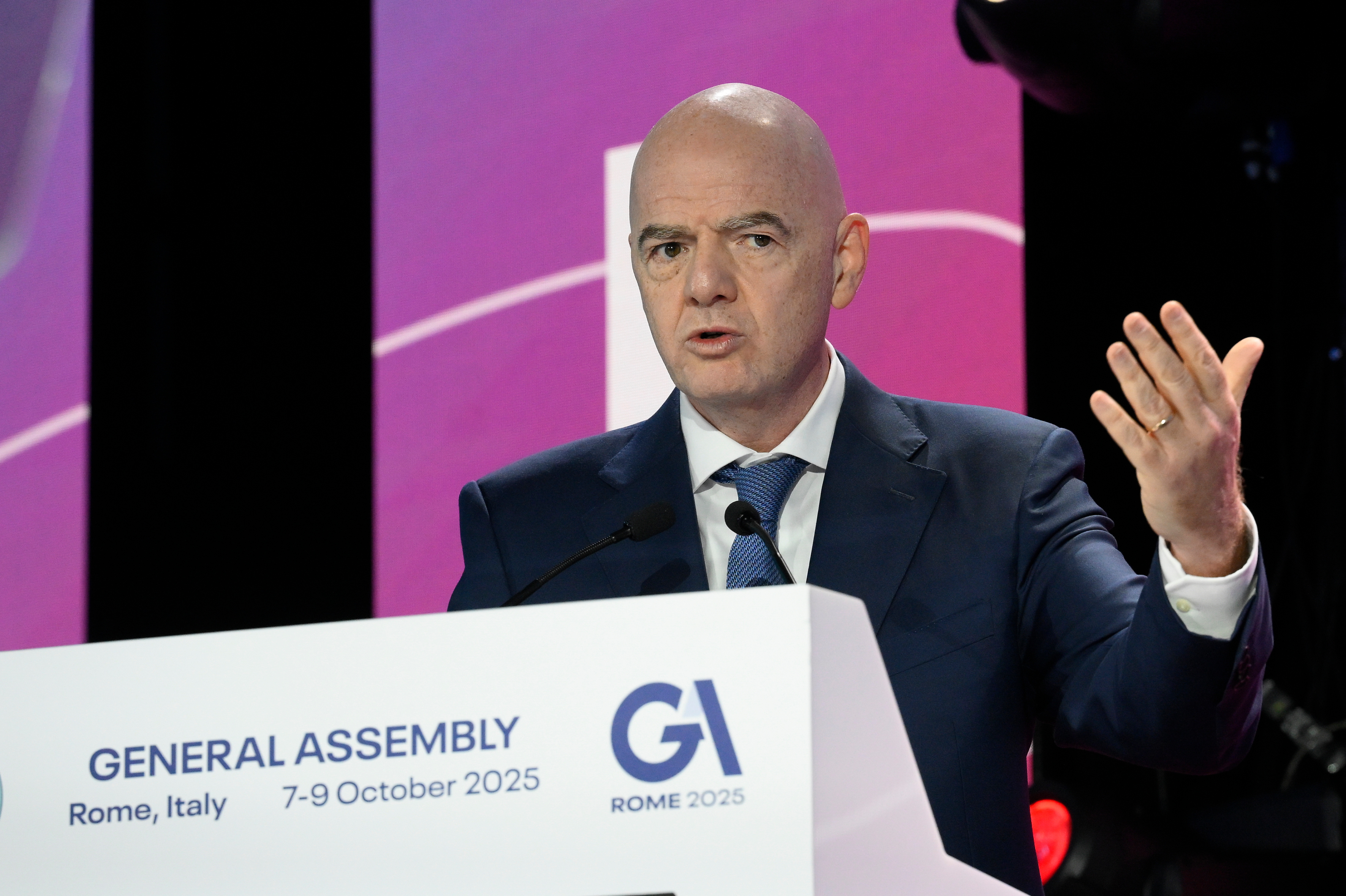 FIFA President Gianni Infantino speaks during the 32nd European Football Clubs General Assembly in Rome, Italy, Thursday Oct. 9, 2025. 