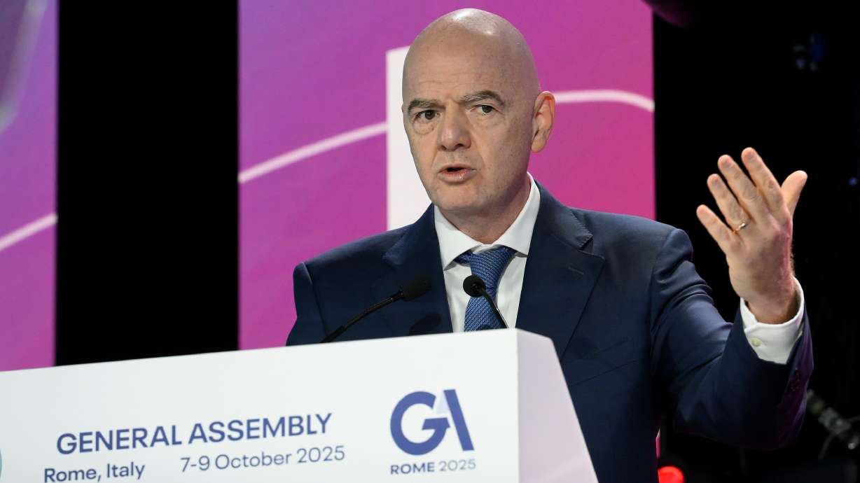 FIFA President Gianni Infantino speaks during the 32nd European Football Clubs General Assembly in Rome, Italy, Thursday Oct. 9, 2025.